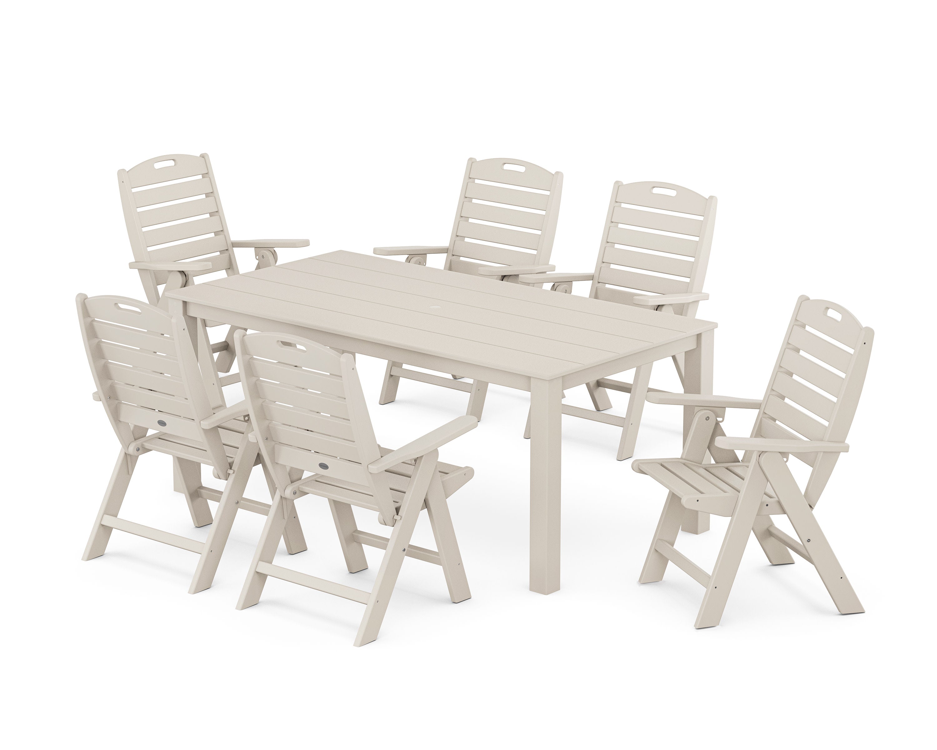 Nautical Folding Highback Chair 7-Piece Parsons Dining Set in Sand