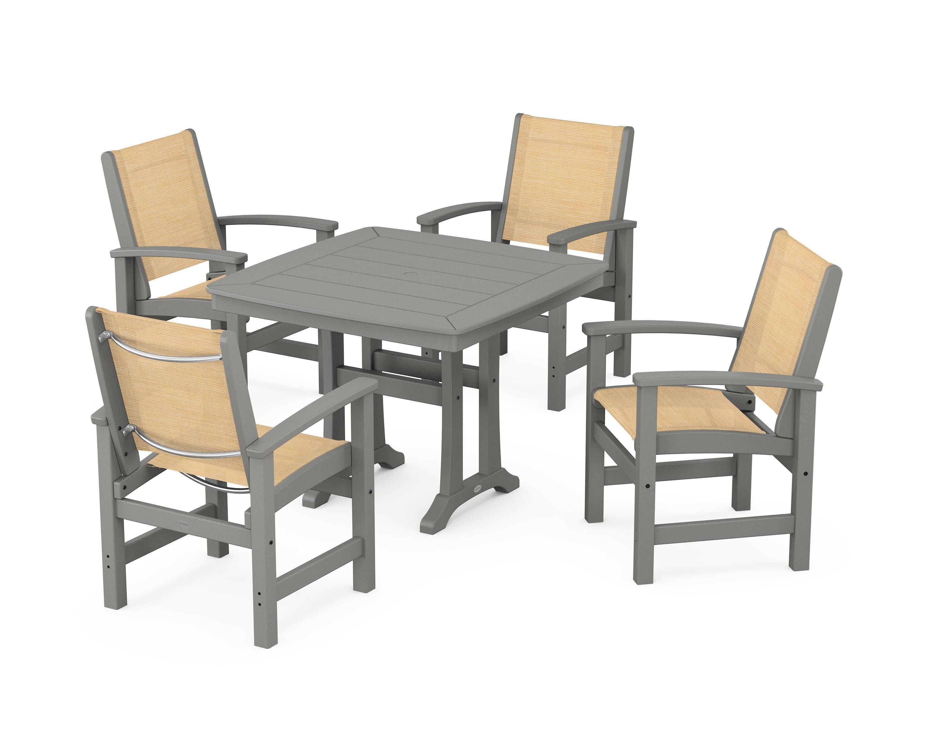 Coastal 5-Piece Dining Set with Trestle Legs in Slate Grey / Dupioni Apricot Sling