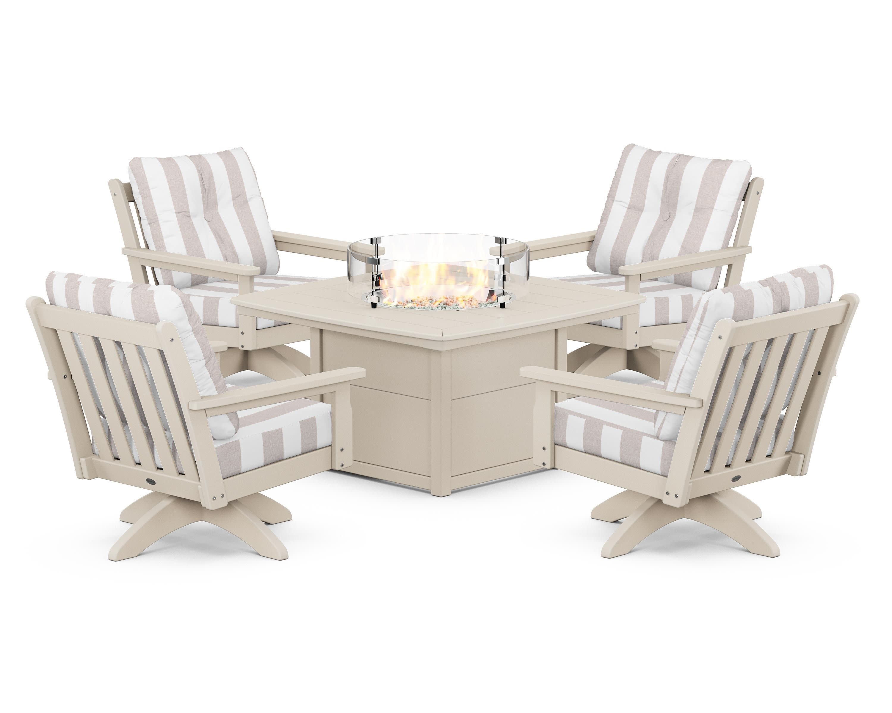 Vineyard 5-Piece Deep Seating Swivel Conversation Set with Fire Pit Table in Sand / Cabana Stripe Dune Burlap