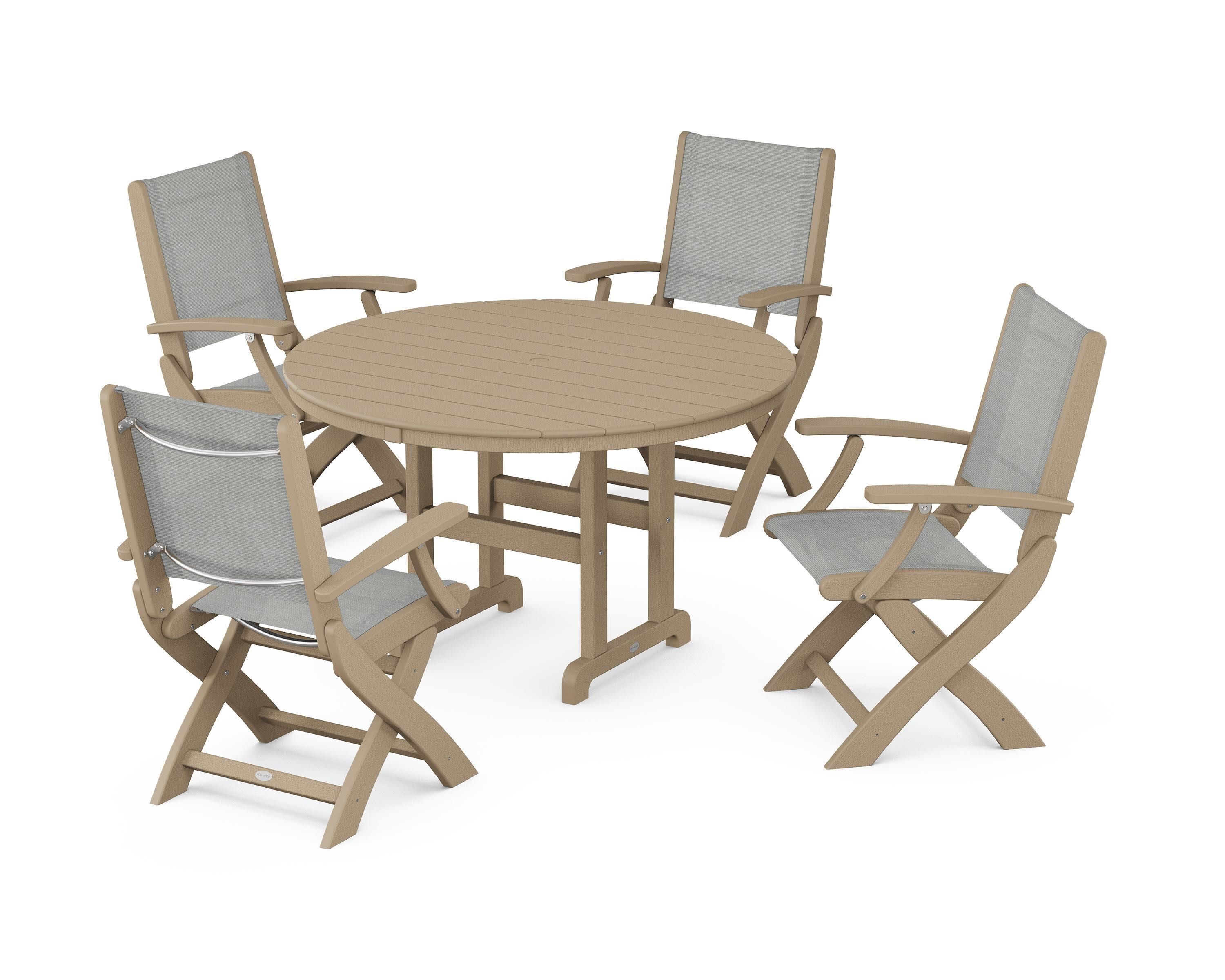 Coastal Folding Chair 5-Piece Round Dining Set in Vintage Sahara / Metallic Sling