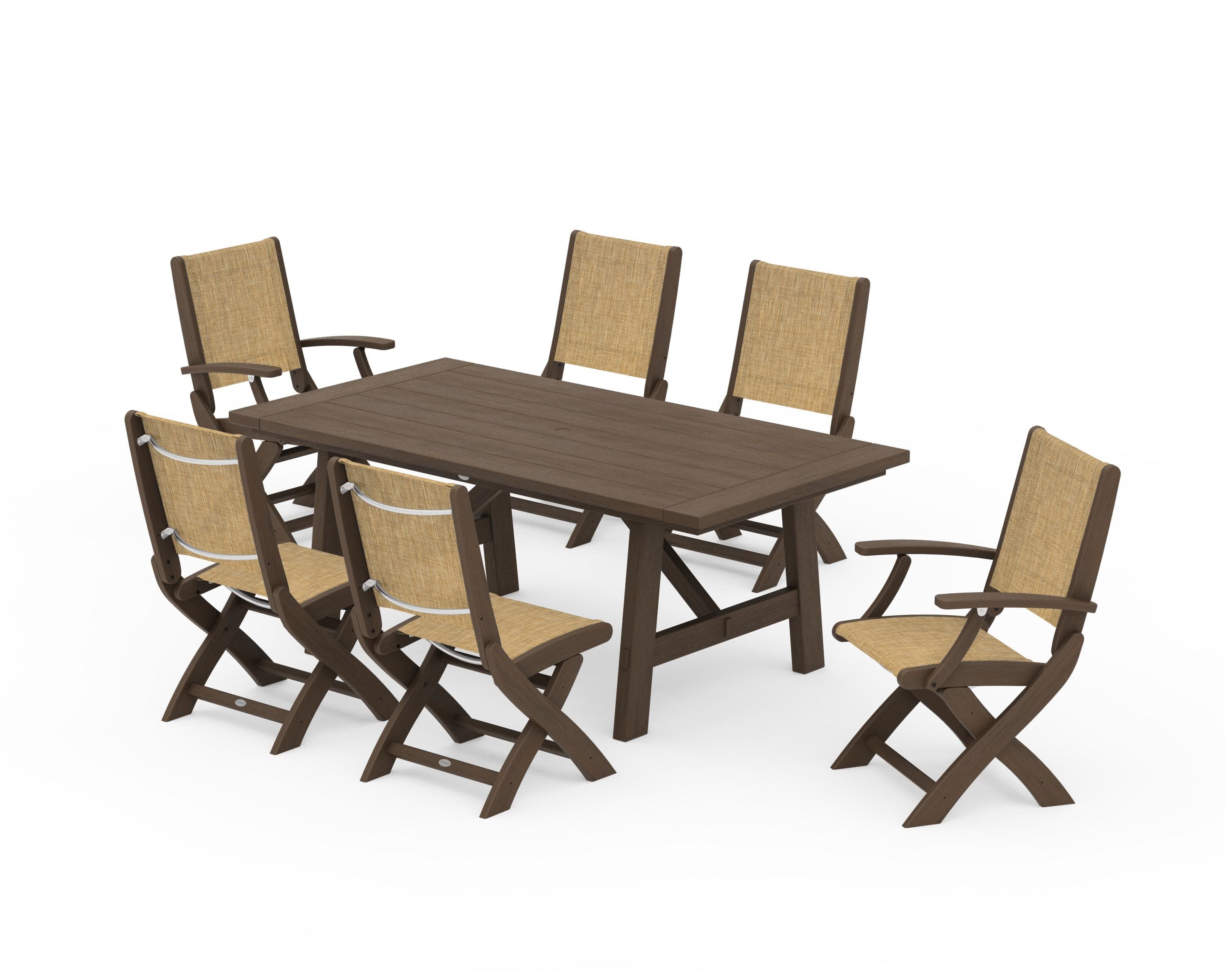 Coastal Folding Chair 7-Piece Rustic Farmhouse Dining Set in Kona / Burlap Sling