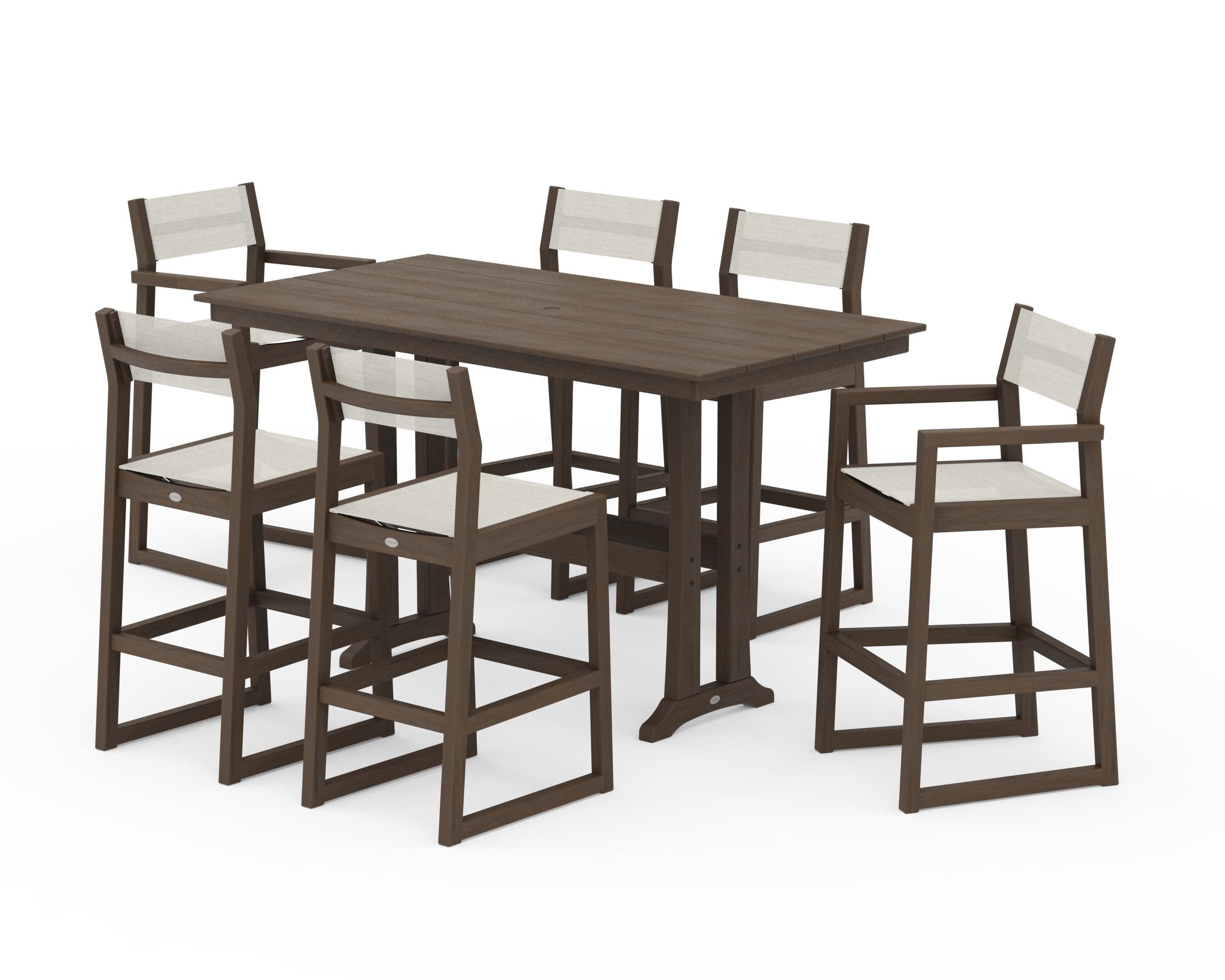 EDGE Sling 7-Piece Farmhouse Bar Set with Trestle Legs in Kona / Parchment Sling