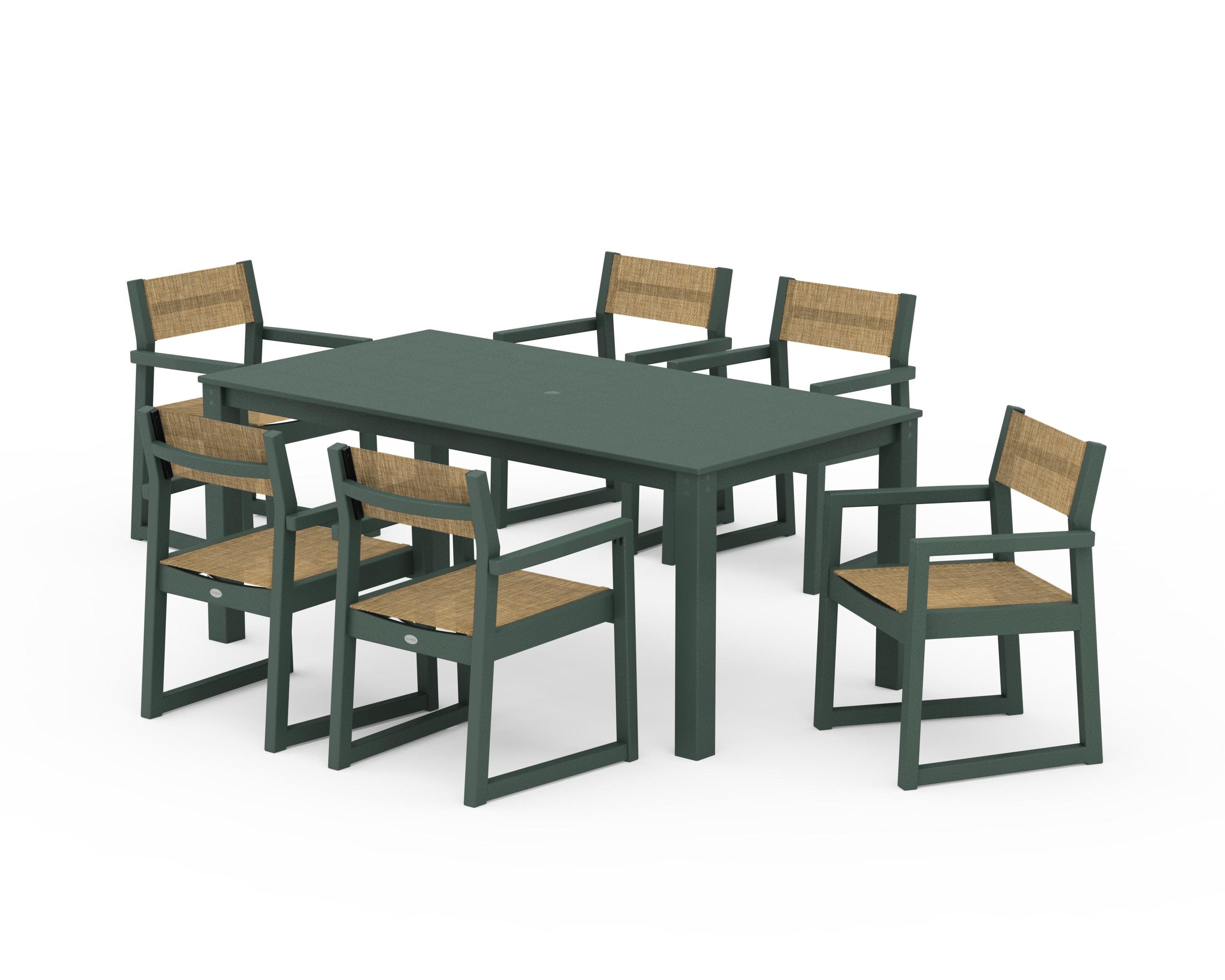 EDGE Sling Arm Chair 7-Piece Parsons Dining Set in Green / Burlap Sling