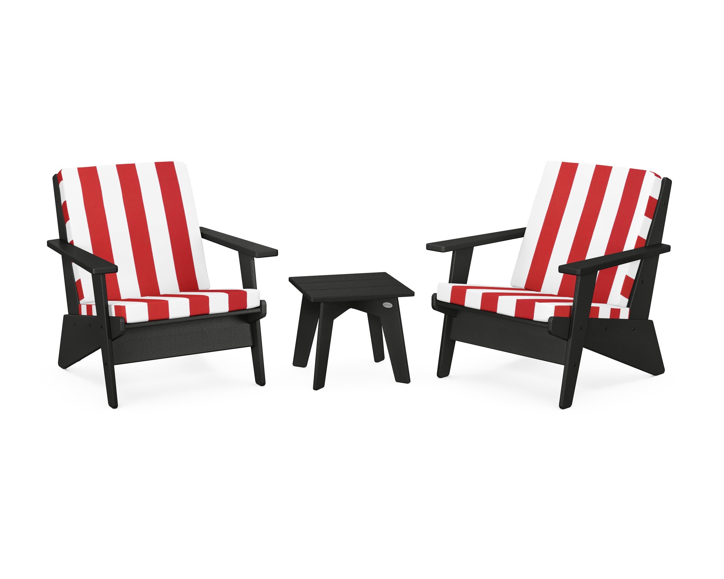 Riviera Modern Lounge 3-Piece Set in Black / Cabana Stripe Crimson