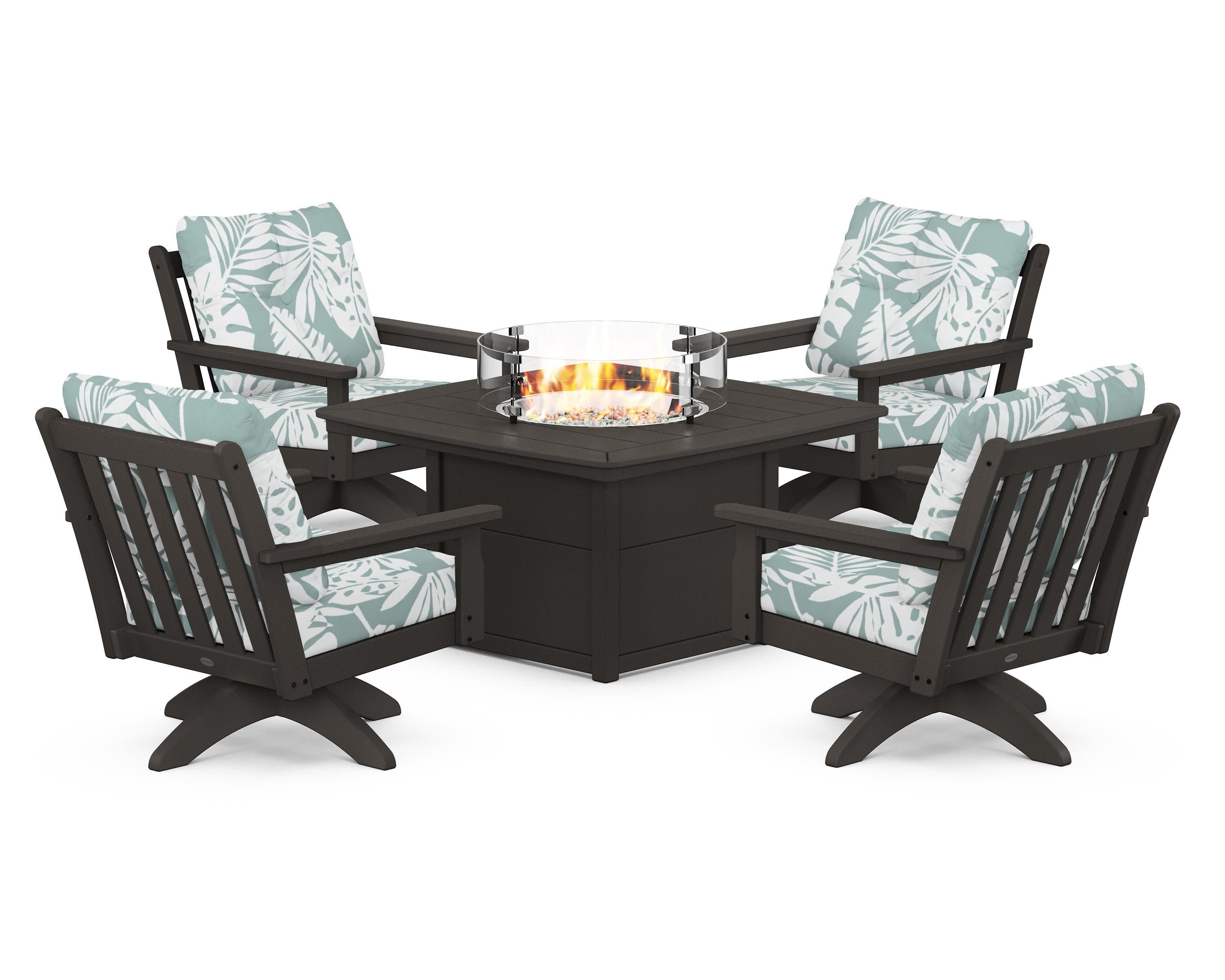 Vineyard 5-Piece Deep Seating Swivel Conversation Set with Fire Pit Table in Vintage Coffee / Leaf Glacier Spa