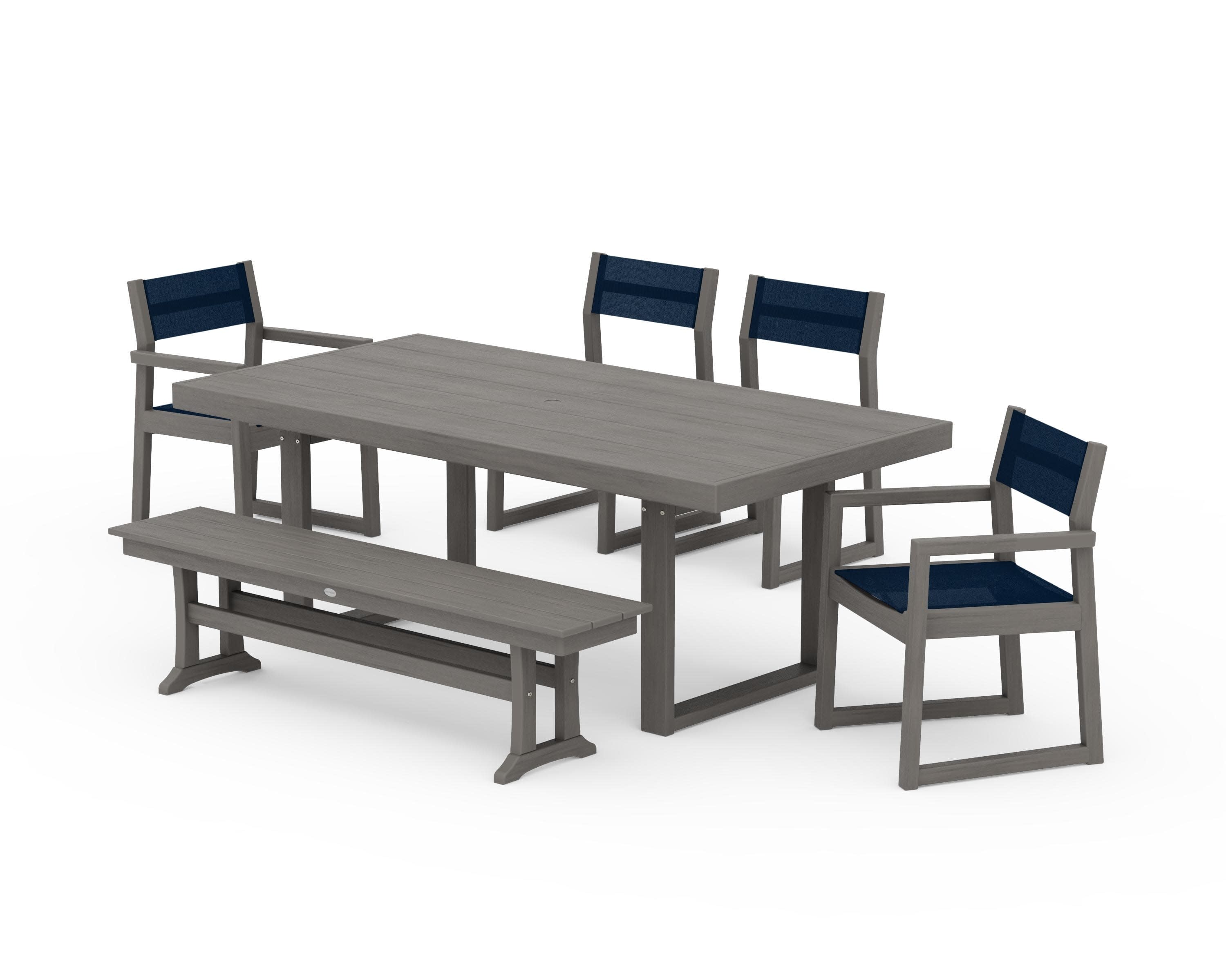 EDGE Sling 6-Piece Dining Set with Bench in Driftwood / Navy Blue Sling
