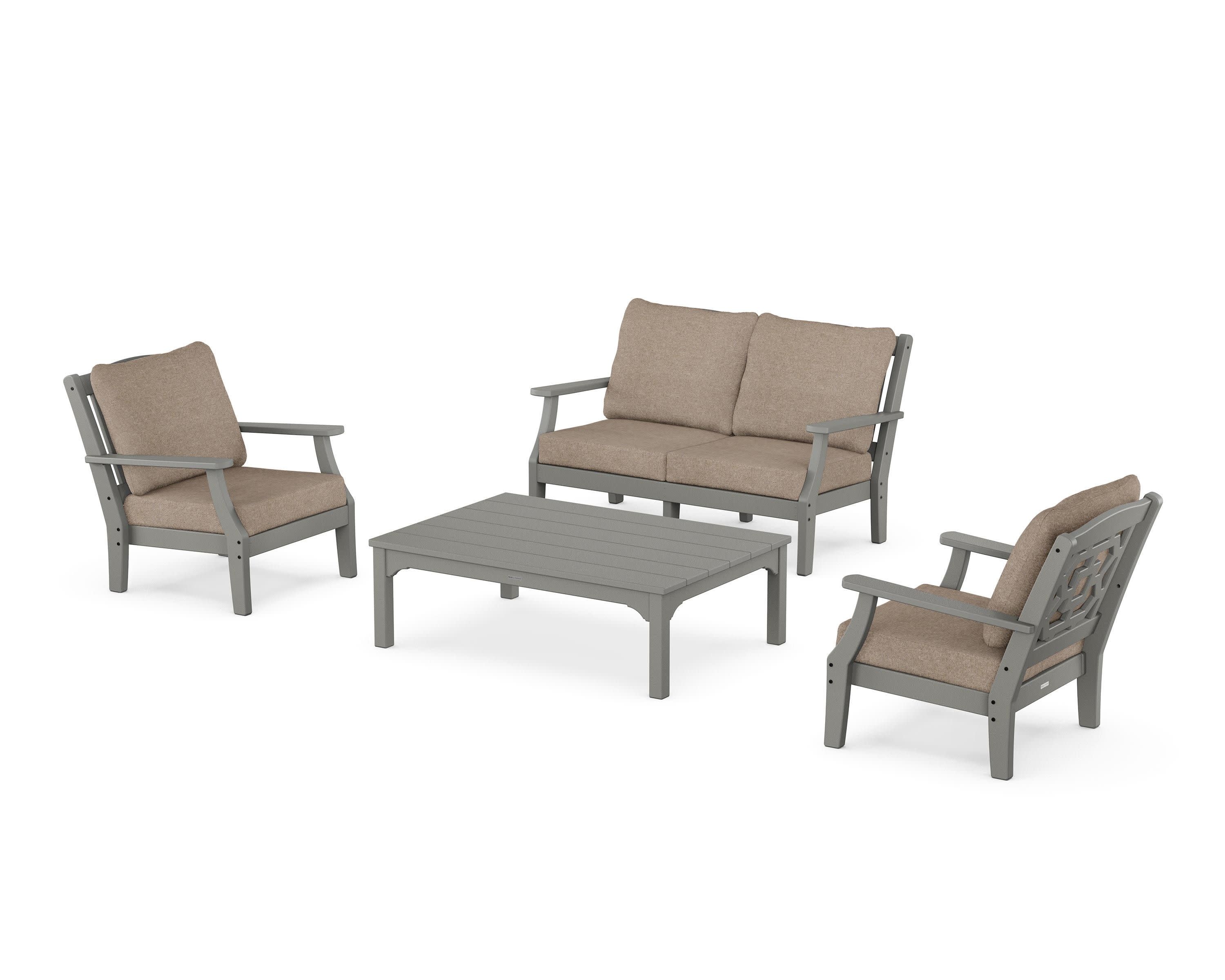 Chinoiserie 4-Piece Deep Seating Set with Loveseat in Slate Grey / Spiced Burlap