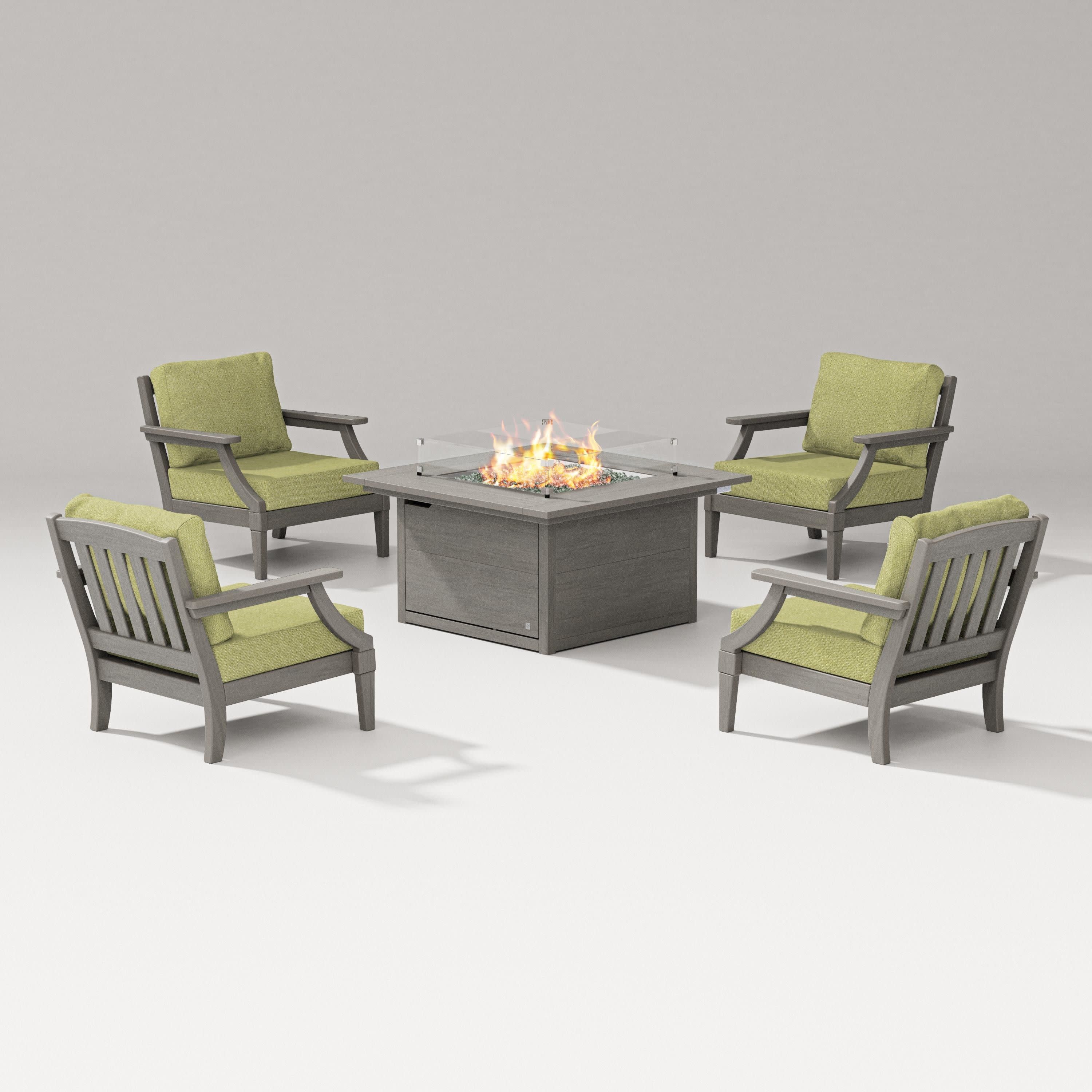 Estate 5-Piece Lounge Fire Table Set in Driftwood / Chartreuse Boucle