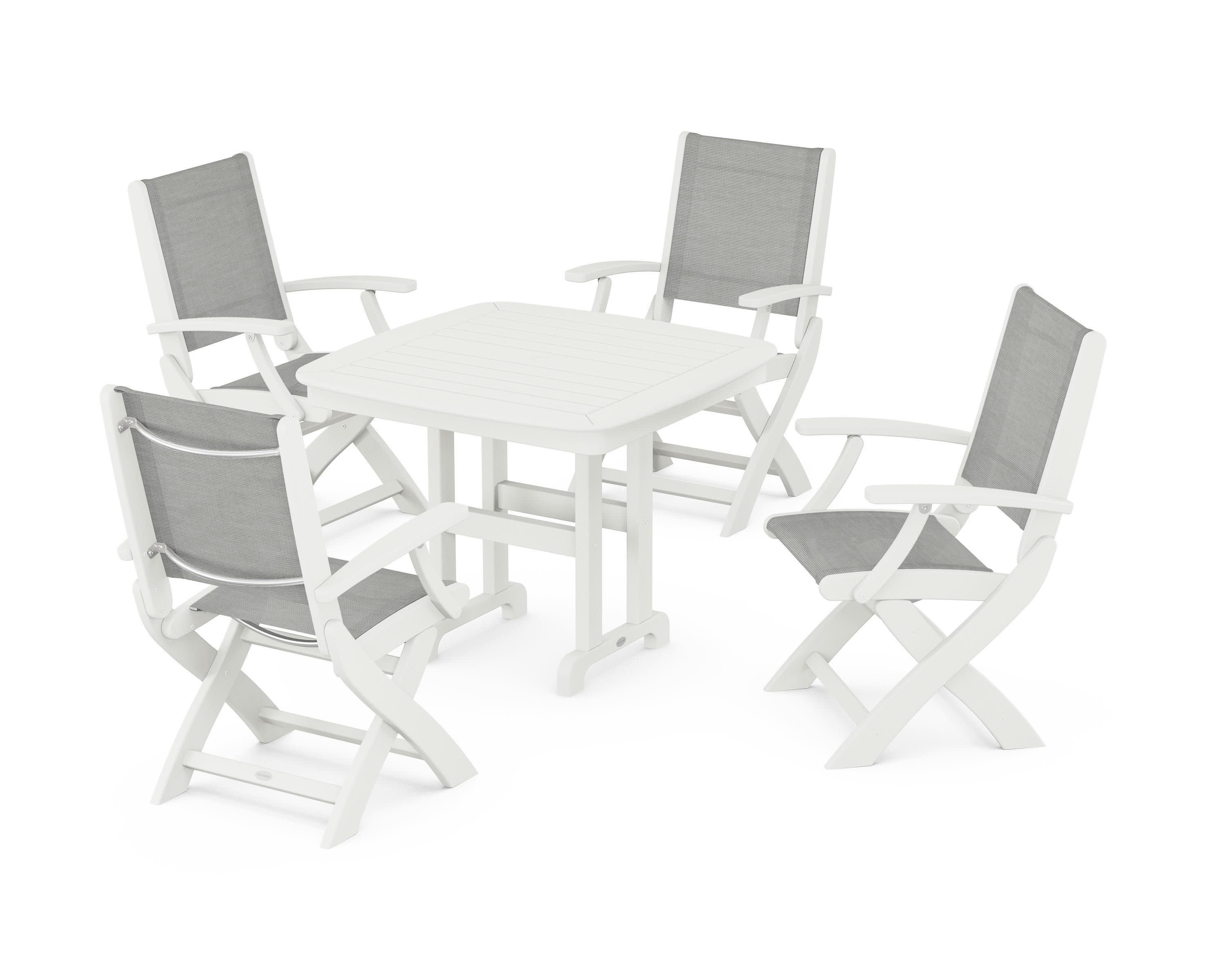 Coastal Folding Chair 5-Piece Dining Set in Vintage White / Metallic Sling
