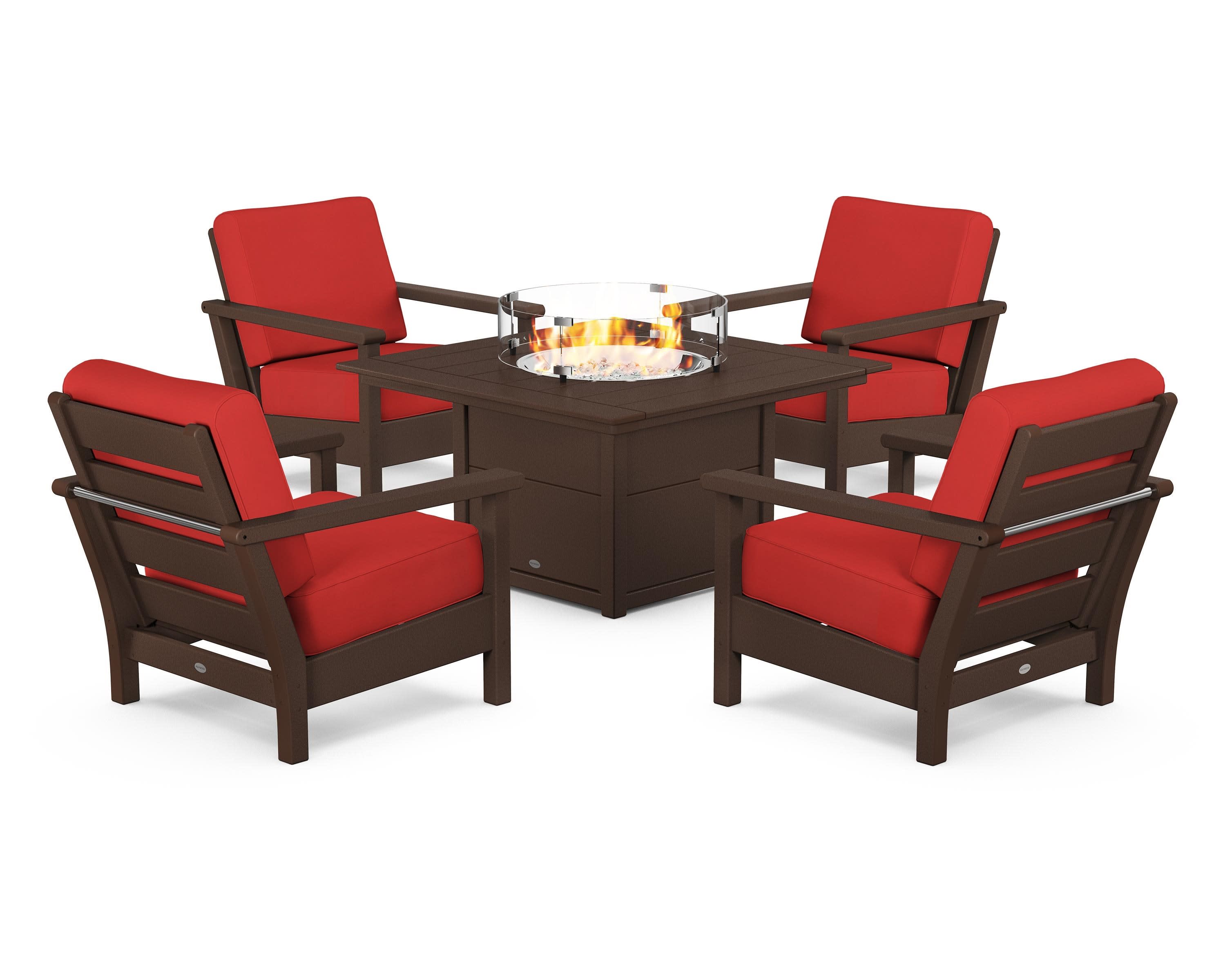 Harbour 5-Piece Conversation Set with Fire Pit Table in Mahogany / Crimson Linen