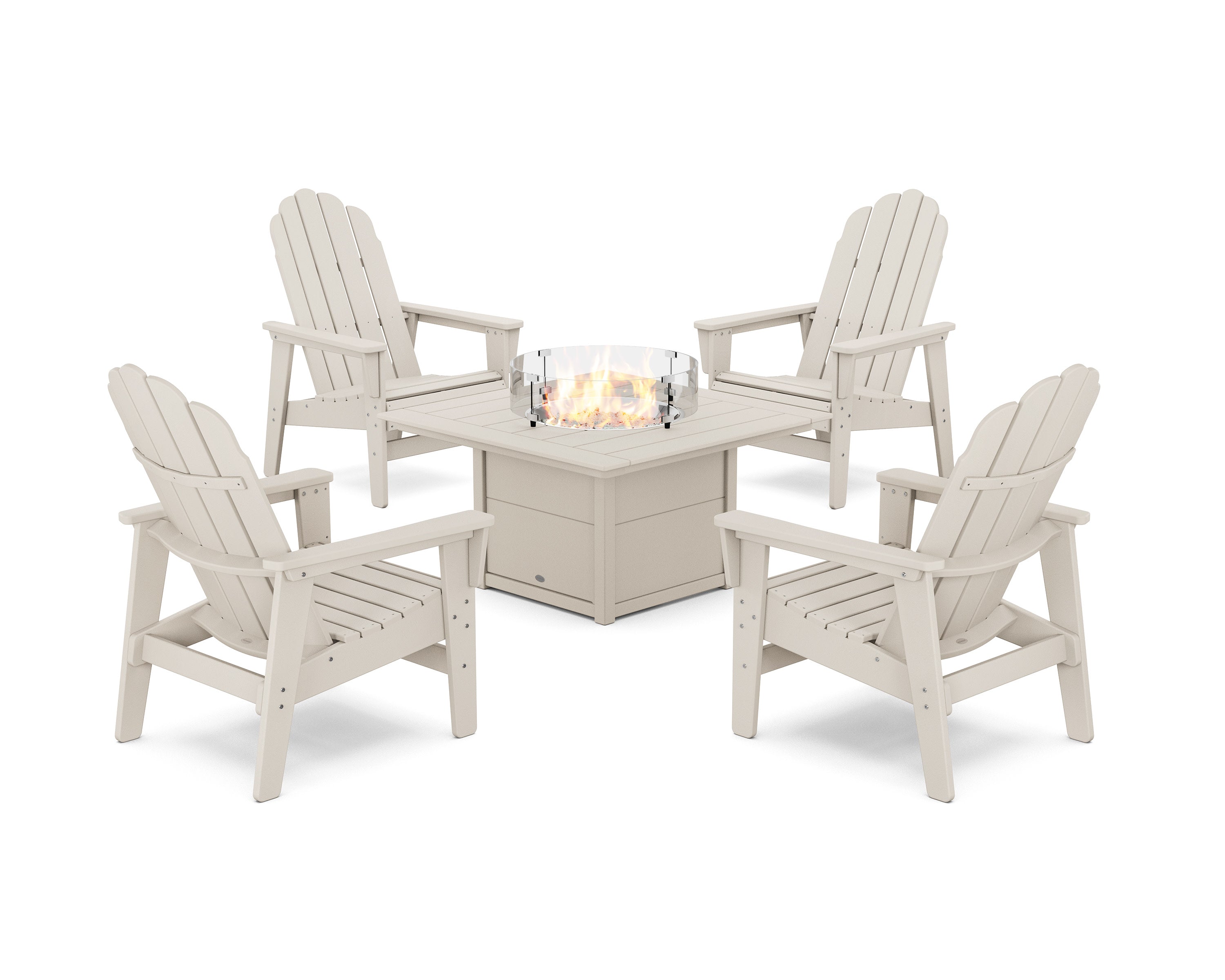 5-Piece Vineyard Grand Upright Adirondack Conversation Set with Fire Pit Table in Sand