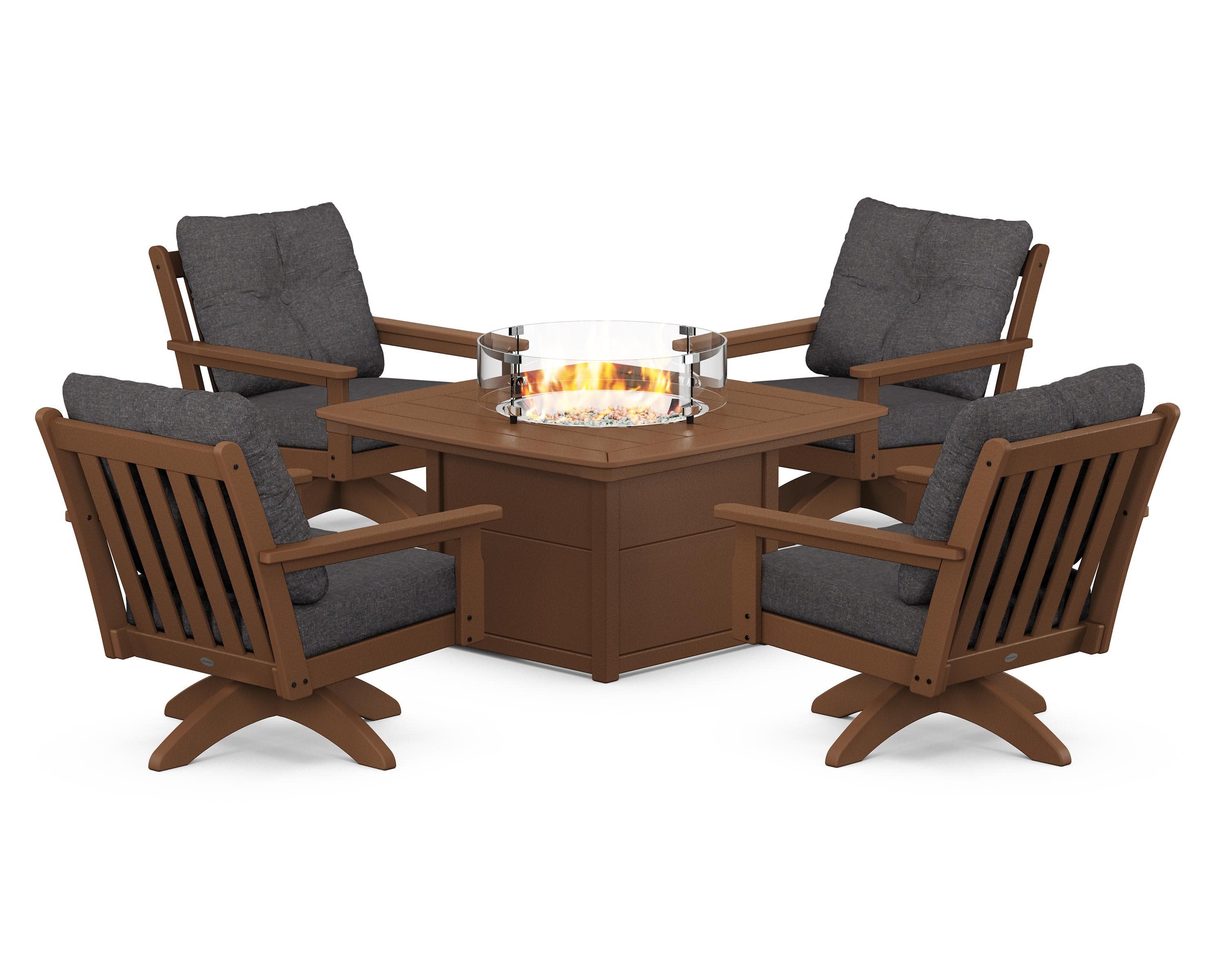 Vineyard 5-Piece Deep Seating Swivel Conversation Set with Fire Pit Table in Teak / Ash Charcoal