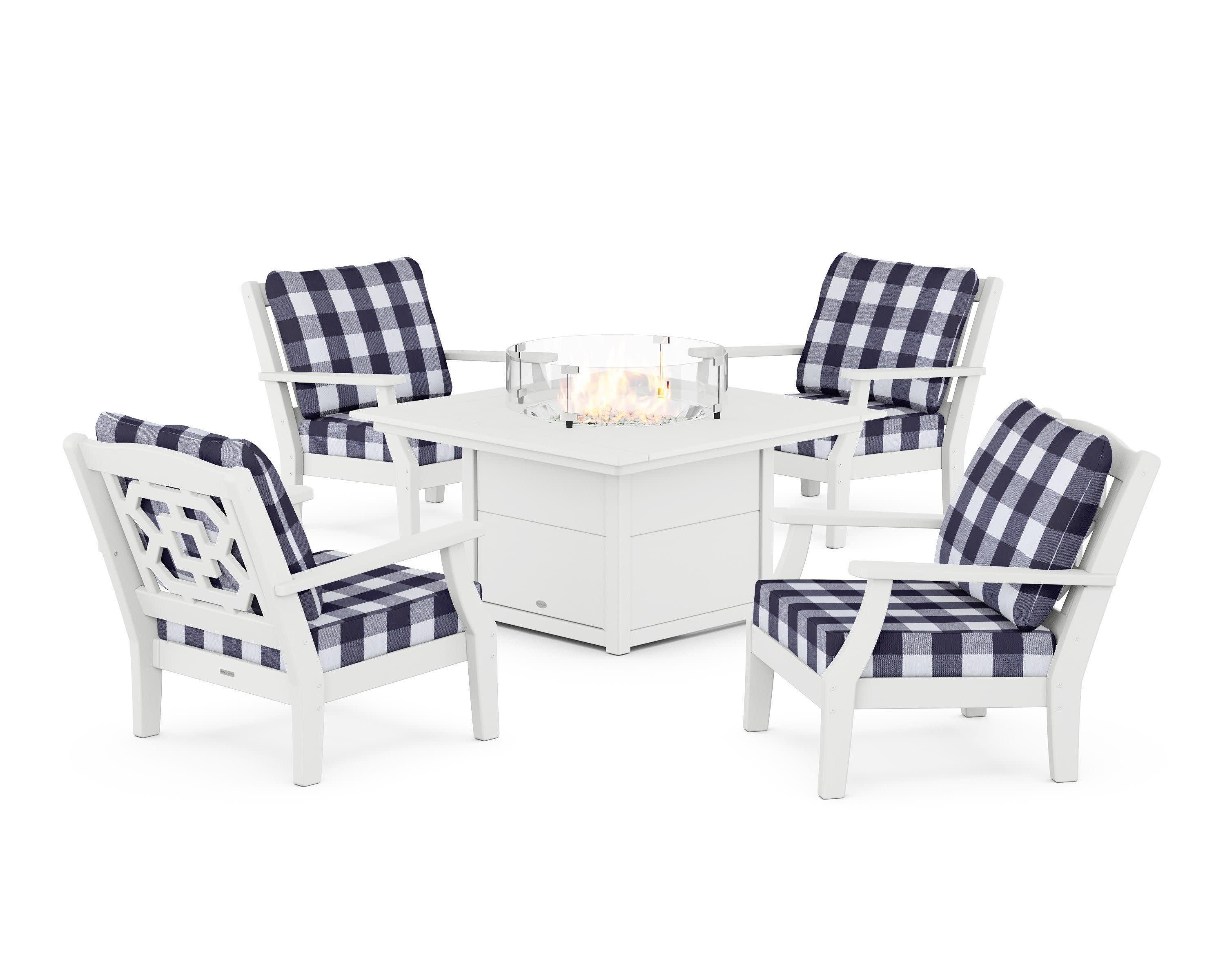 Chinoiserie 5-Piece Deep Seating Set with Fire Pit Table in White / Buffalo Plaid Navy