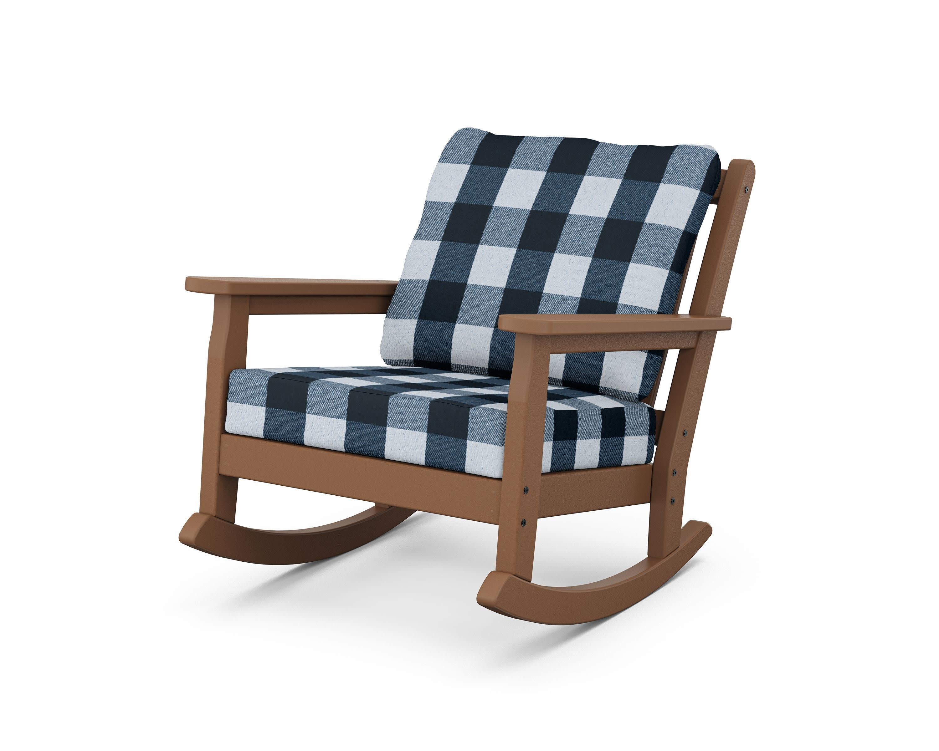 Chippendale Deep Seating Rocking Chair in Teak / Buffalo Plaid Marine Indigo