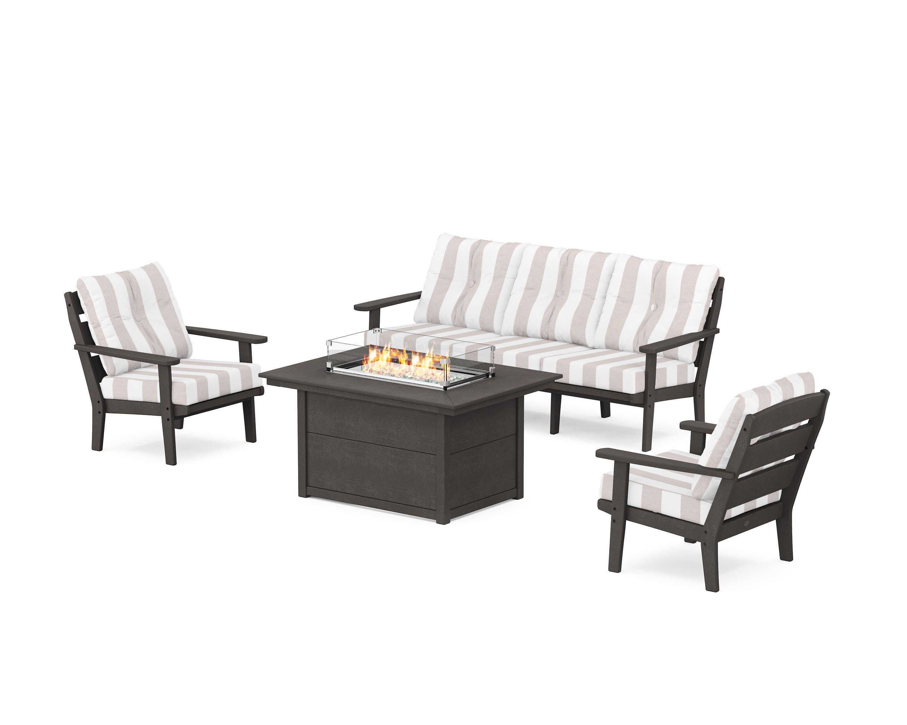Lakeside Deep Seating Fire Pit Table Set in Vintage Coffee / Cabana Stripe Dune Burlap