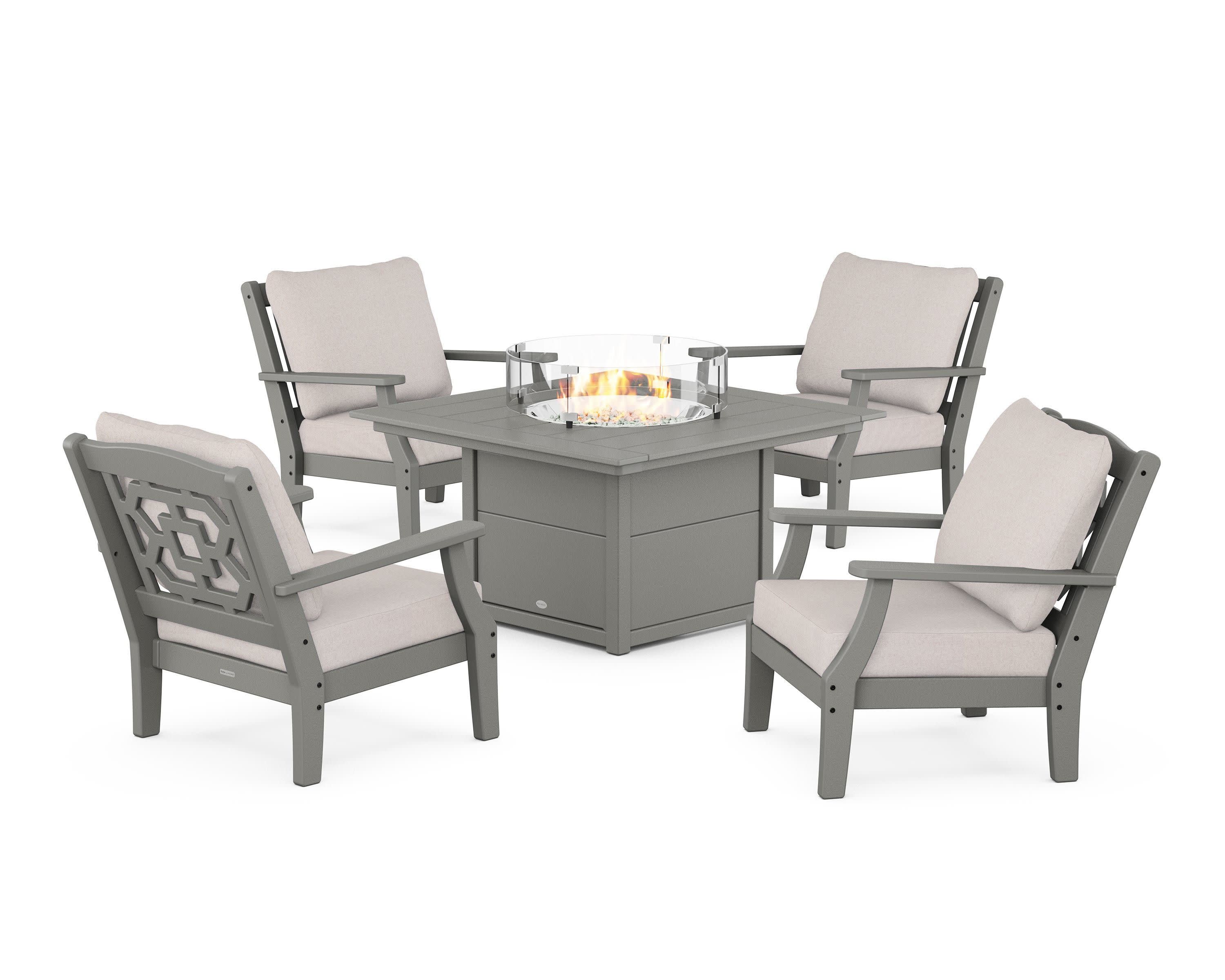 Chinoiserie 5-Piece Deep Seating Set with Fire Pit Table in Slate Grey / Dune Burlap