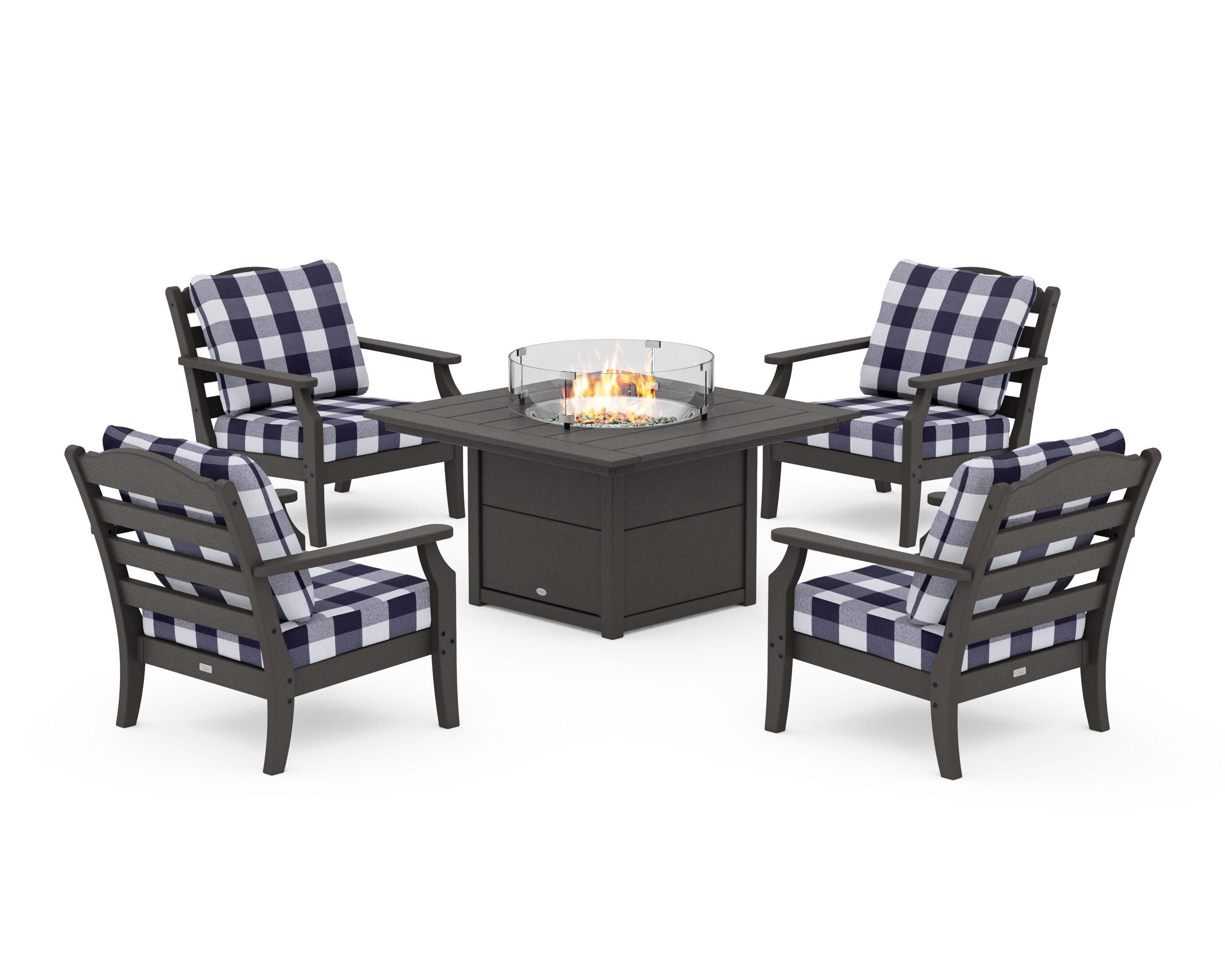 Savannah 5-Piece Deep Seating Set with Fire Pit Table in Vintage Coffee / Buffalo Plaid Navy
