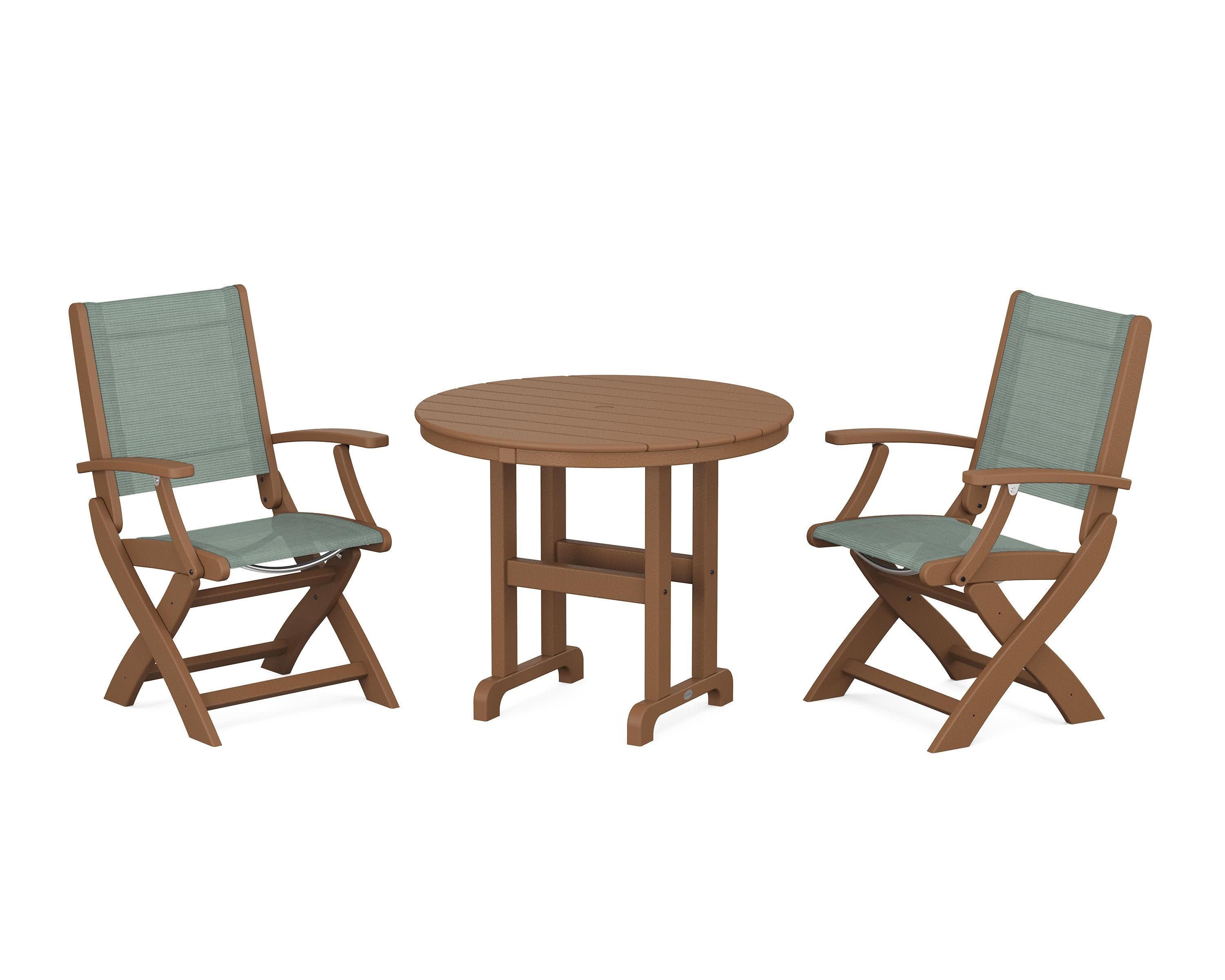 Coastal Folding Chair 3-Piece Round Dining Set in Teak / Dupioni Sea Mist Sling