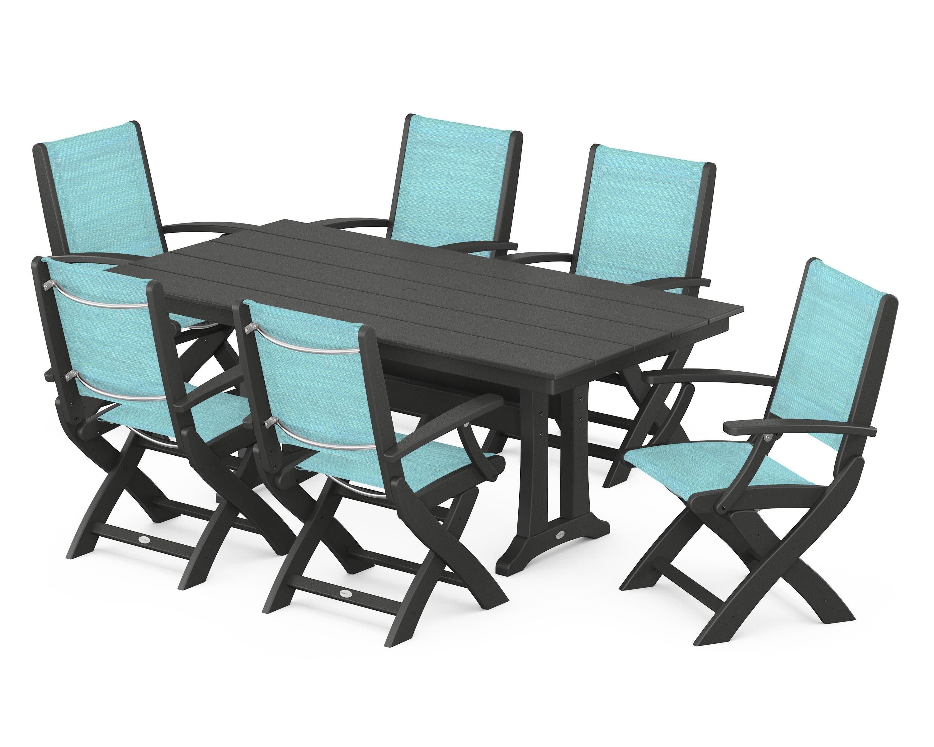 Coastal Folding Arm Chair 7-Piece Farmhouse Dining Set with Trestle Legs in Black / Dupioni Aquamarine Sling