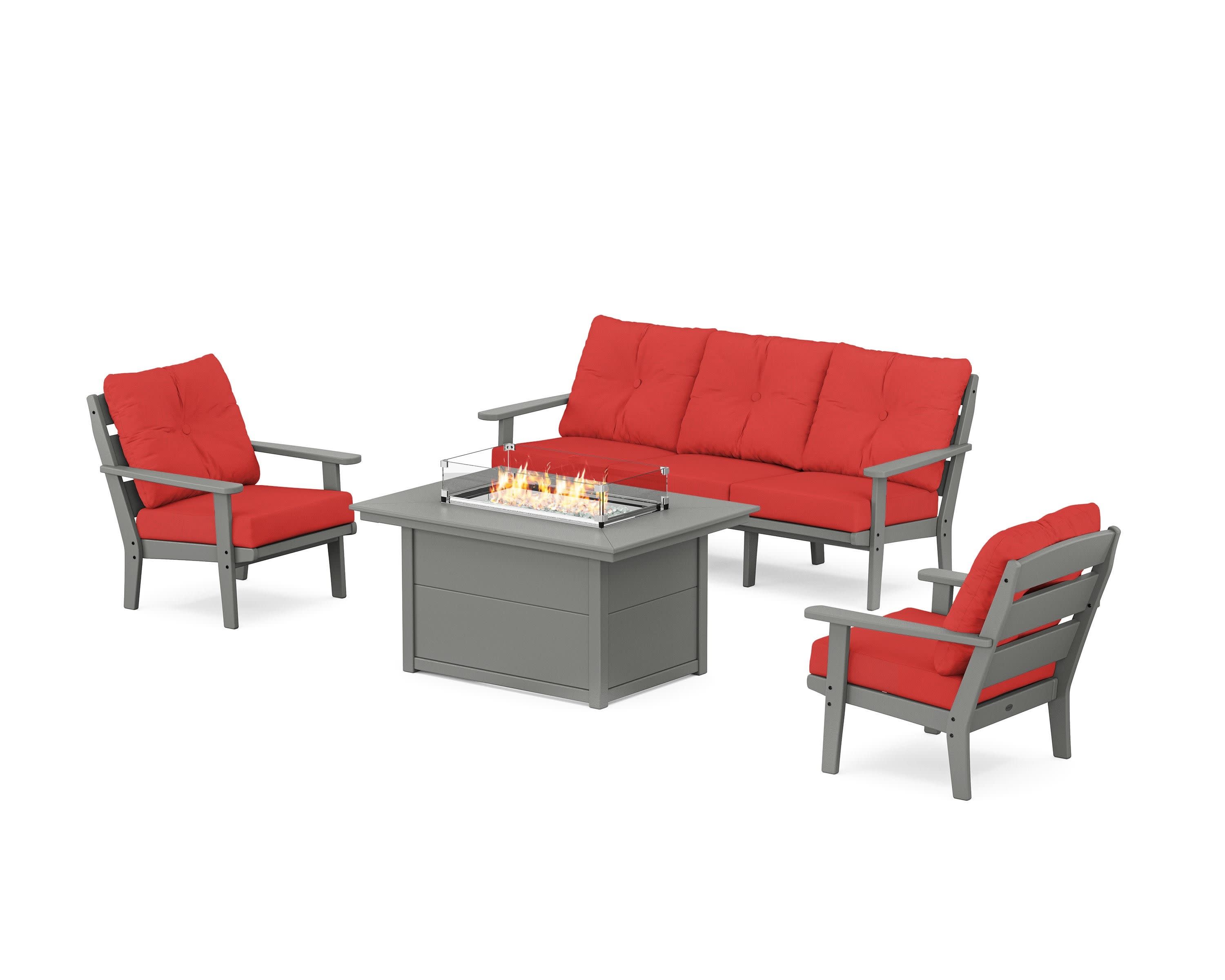 Lakeside Deep Seating Fire Pit Table Set in Slate Grey / Crimson Linen