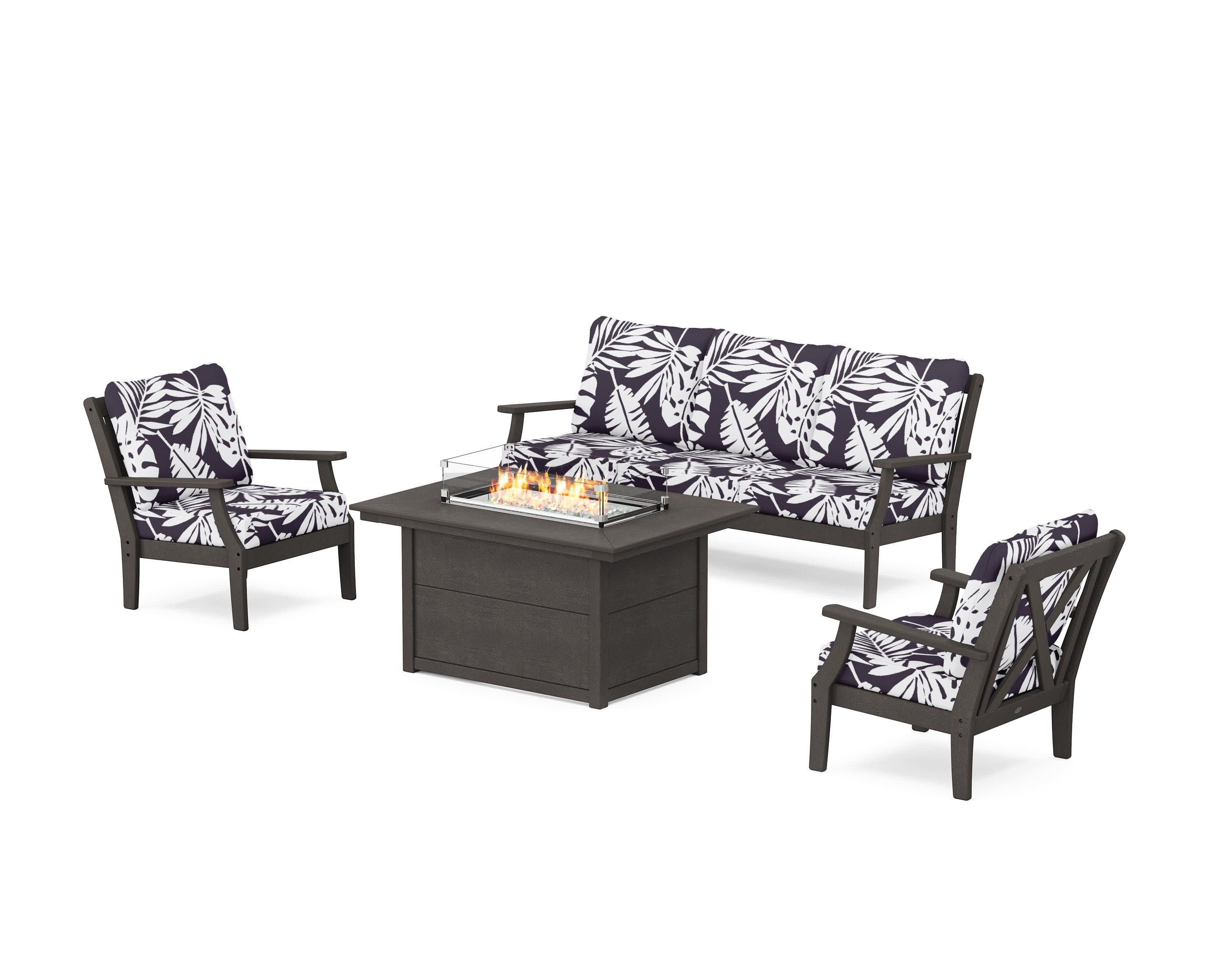 Braxton Deep Seating Fire Pit Table Set in Vintage Coffee / Leaf Navy