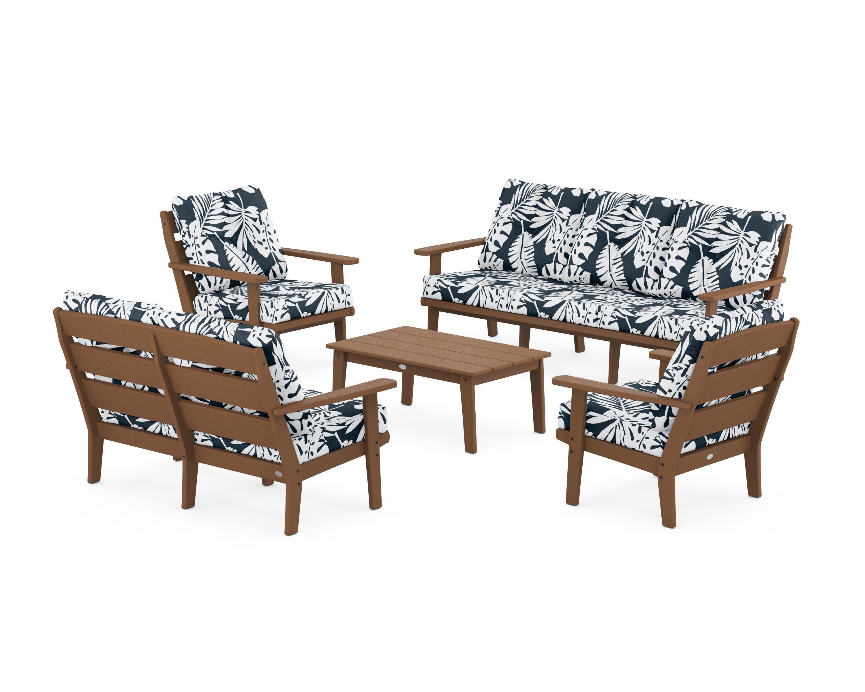 Lakeside 5-Piece Lounge Sofa Set in Teak / Leaf Marine Indigo