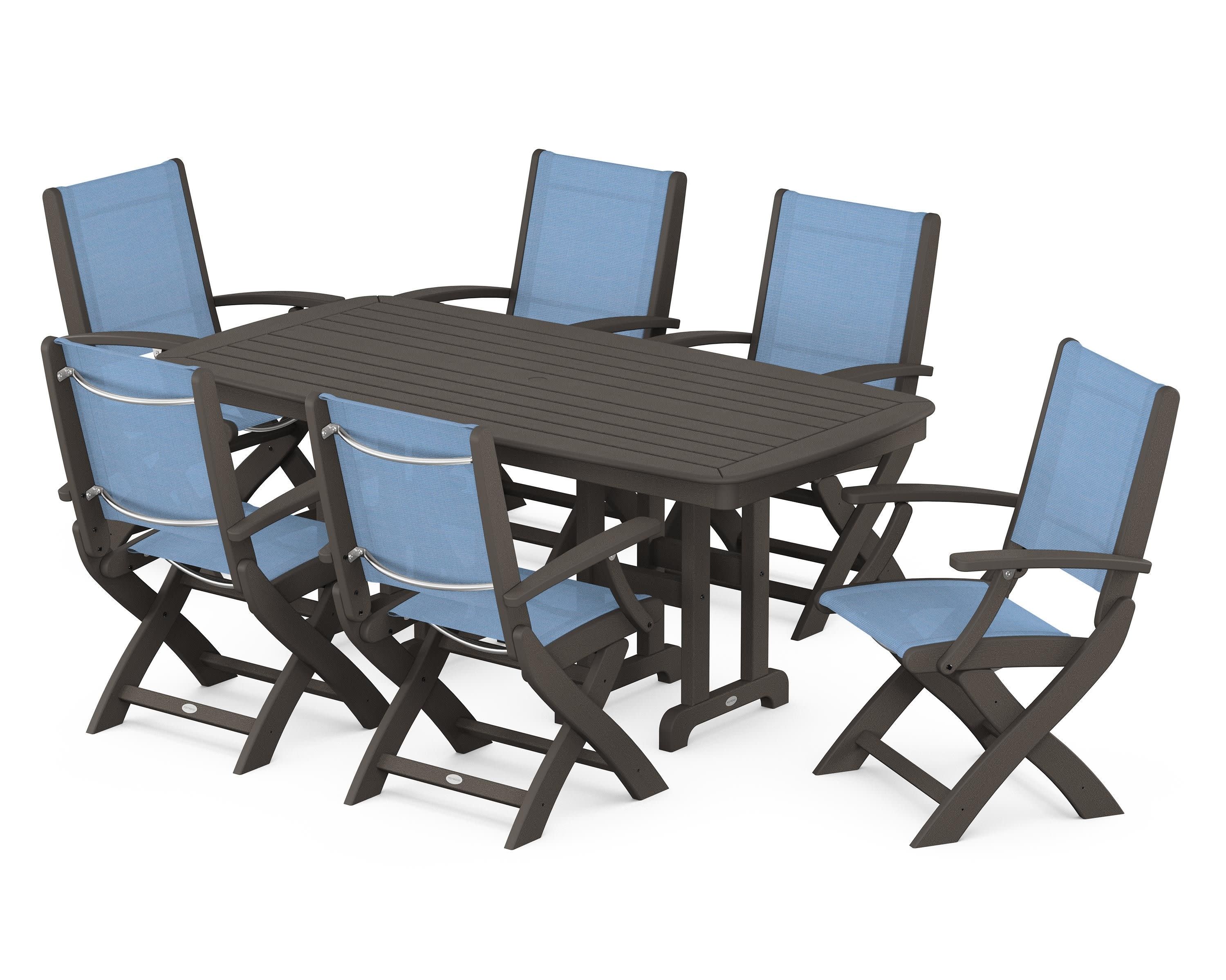 Coastal Folding Arm Chair 7-Piece Dining Set in Vintage Coffee / Poolside Sling