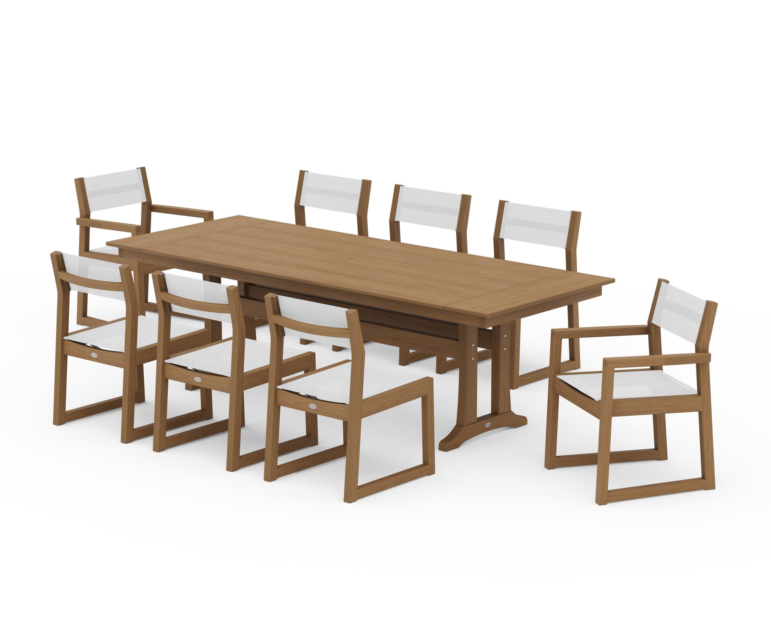 EDGE Sling 9-Piece Farmhouse Trestle Dining Set in Natural / White Sling