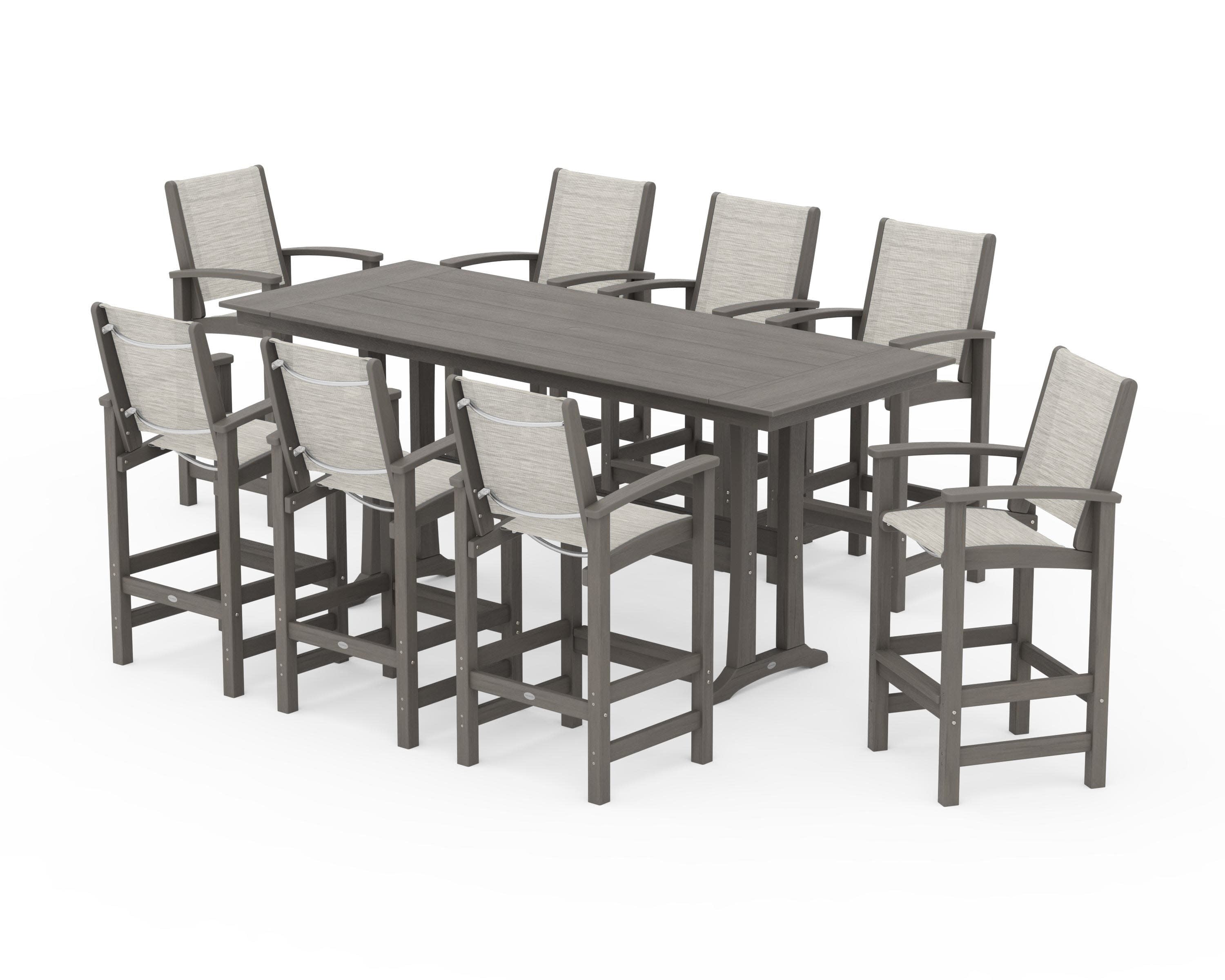 Coastal 9-Piece Farmhouse Bar Set with Trestle Legs in Driftwood / Birch Sling
