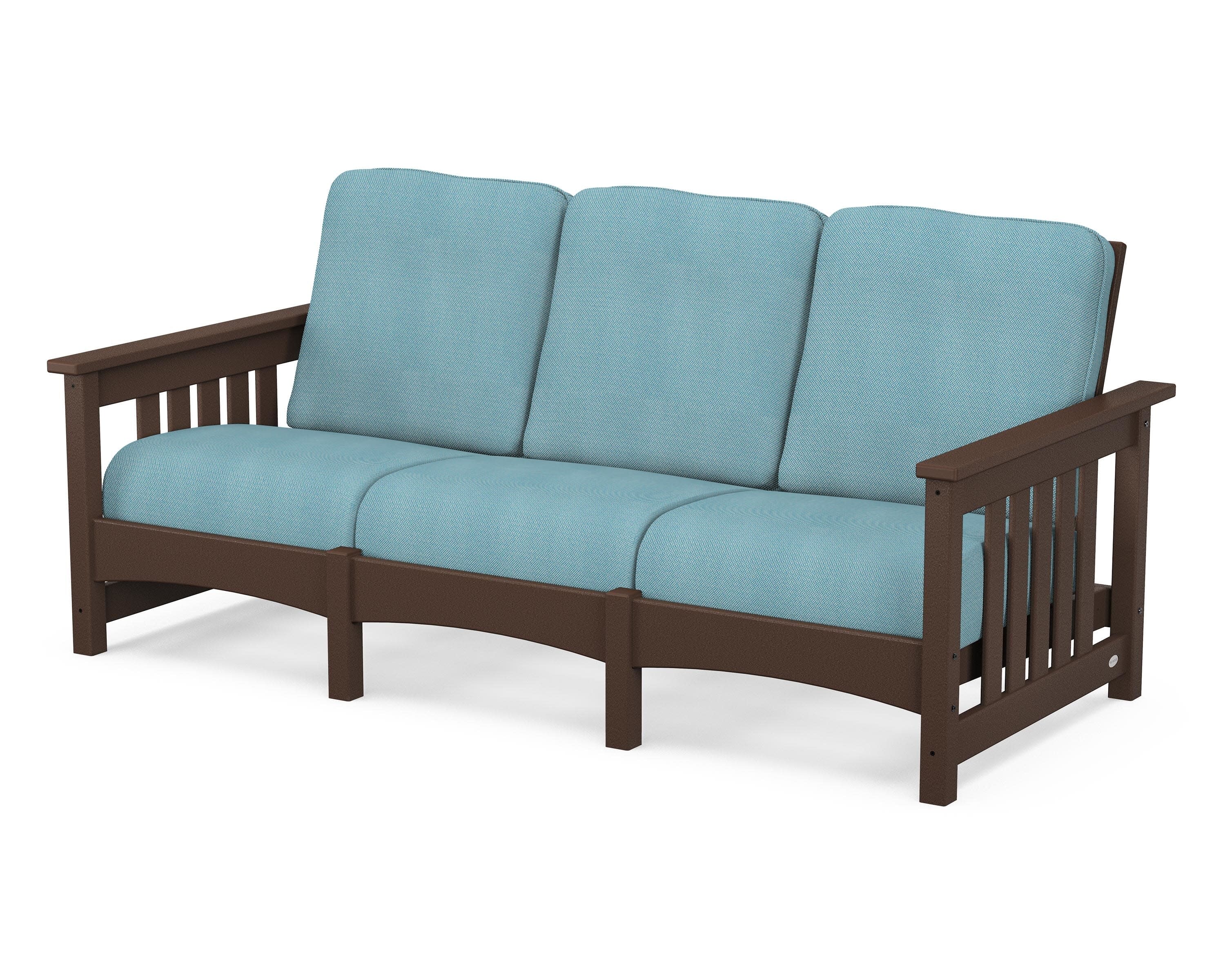 Club Mission Sofa in Mahogany / Lattice Sky Blue