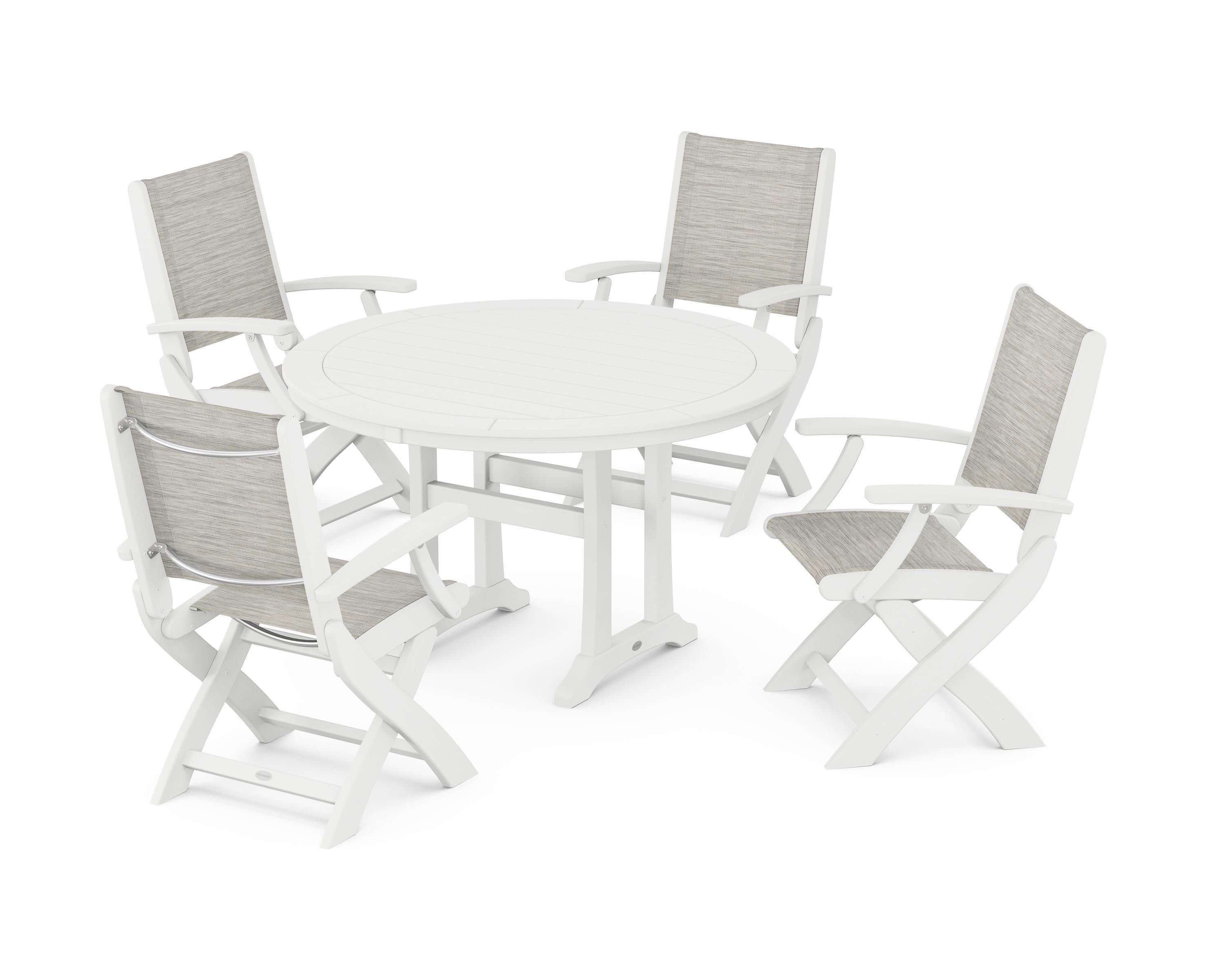 Coastal Folding Chair 5-Piece Round Dining Set with Trestle Legs in White / Birch Sling