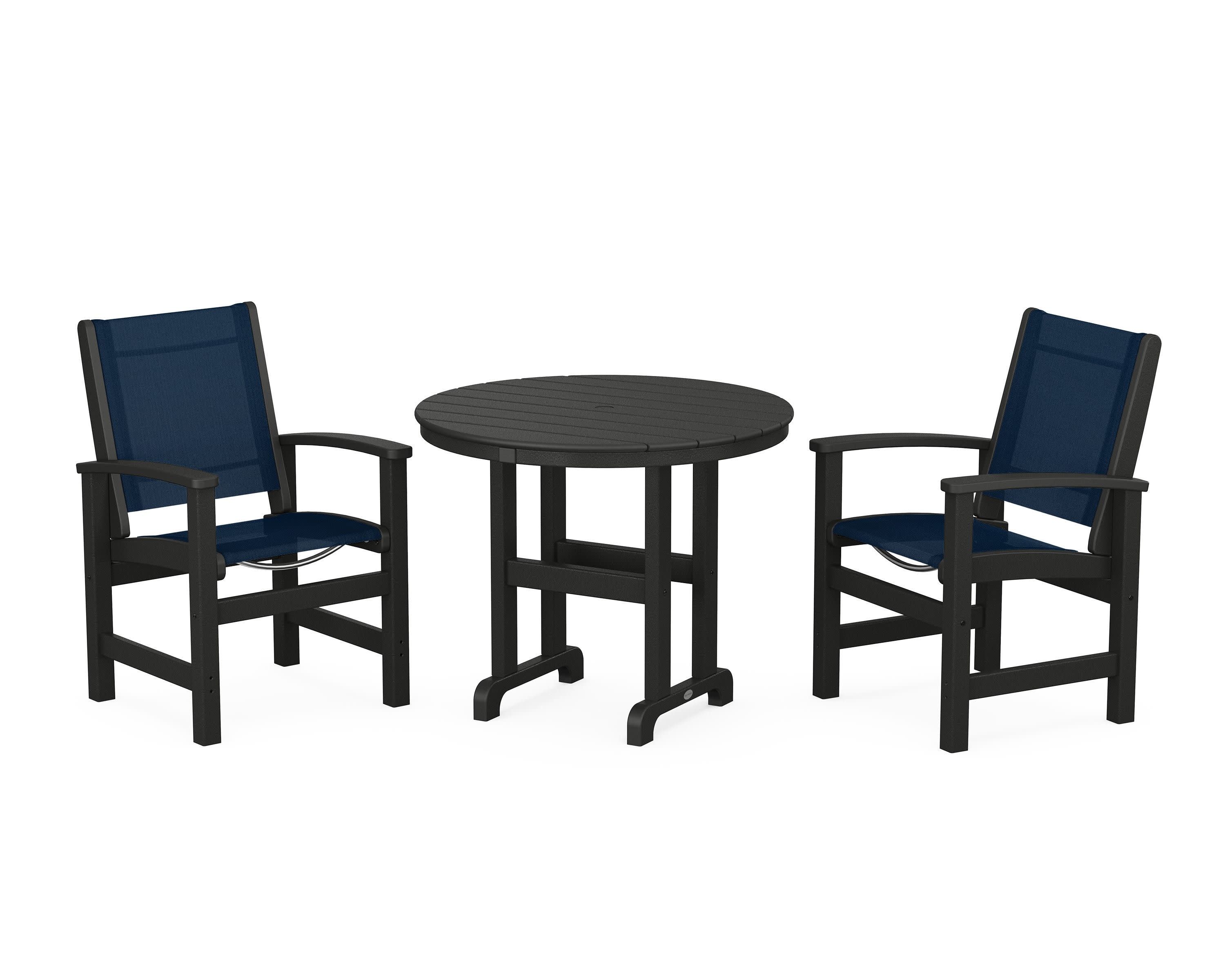 Coastal 3-Piece Round Dining Set in Black / Navy Blue Sling