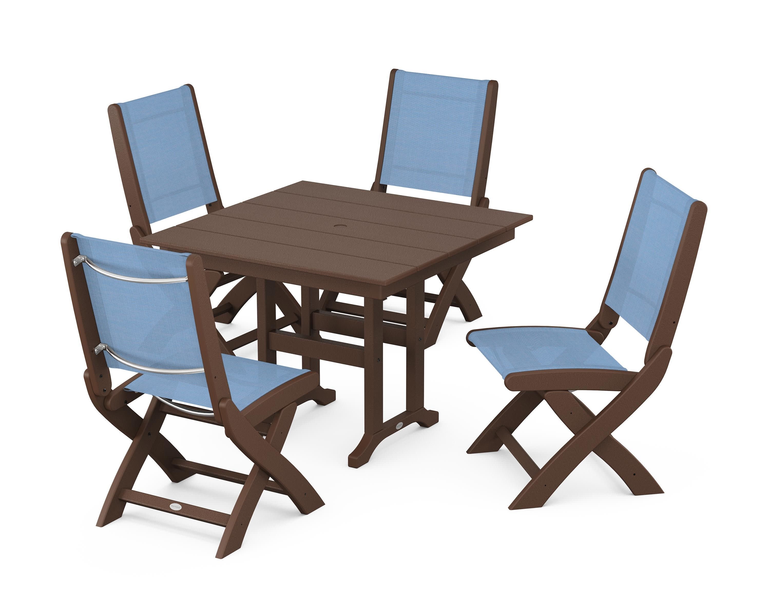 Coastal Folding Side Chair 5-Piece Farmhouse Dining Set in Mahogany / Poolside Sling
