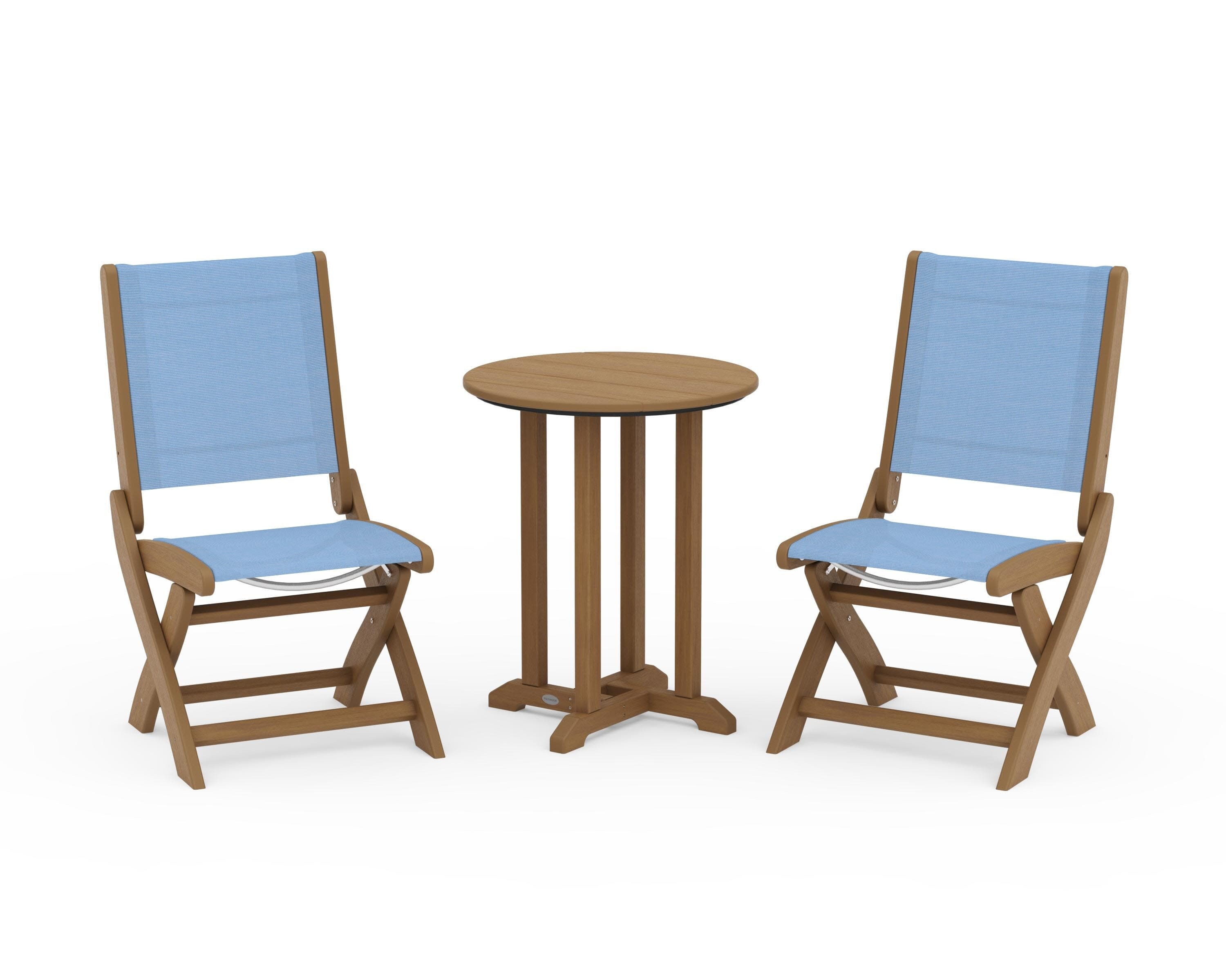 Coastal Folding Side Chair 3-Piece Round Bistro Dining Set in Natural / Poolside Sling