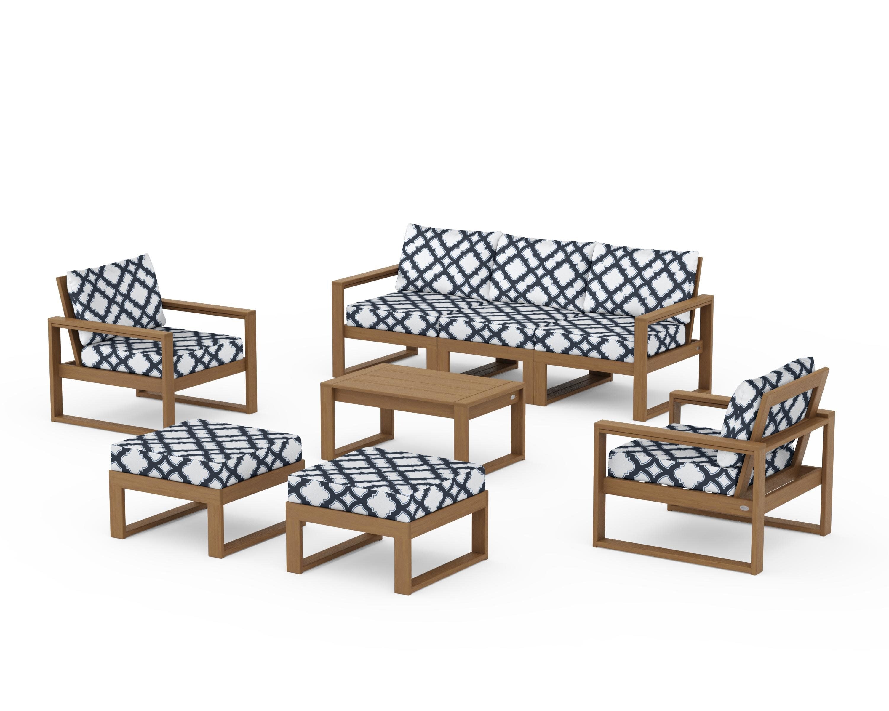 EDGE Sectional 8-Piece Lounge Sofa Set in Natural / Trellis Marine Indigo