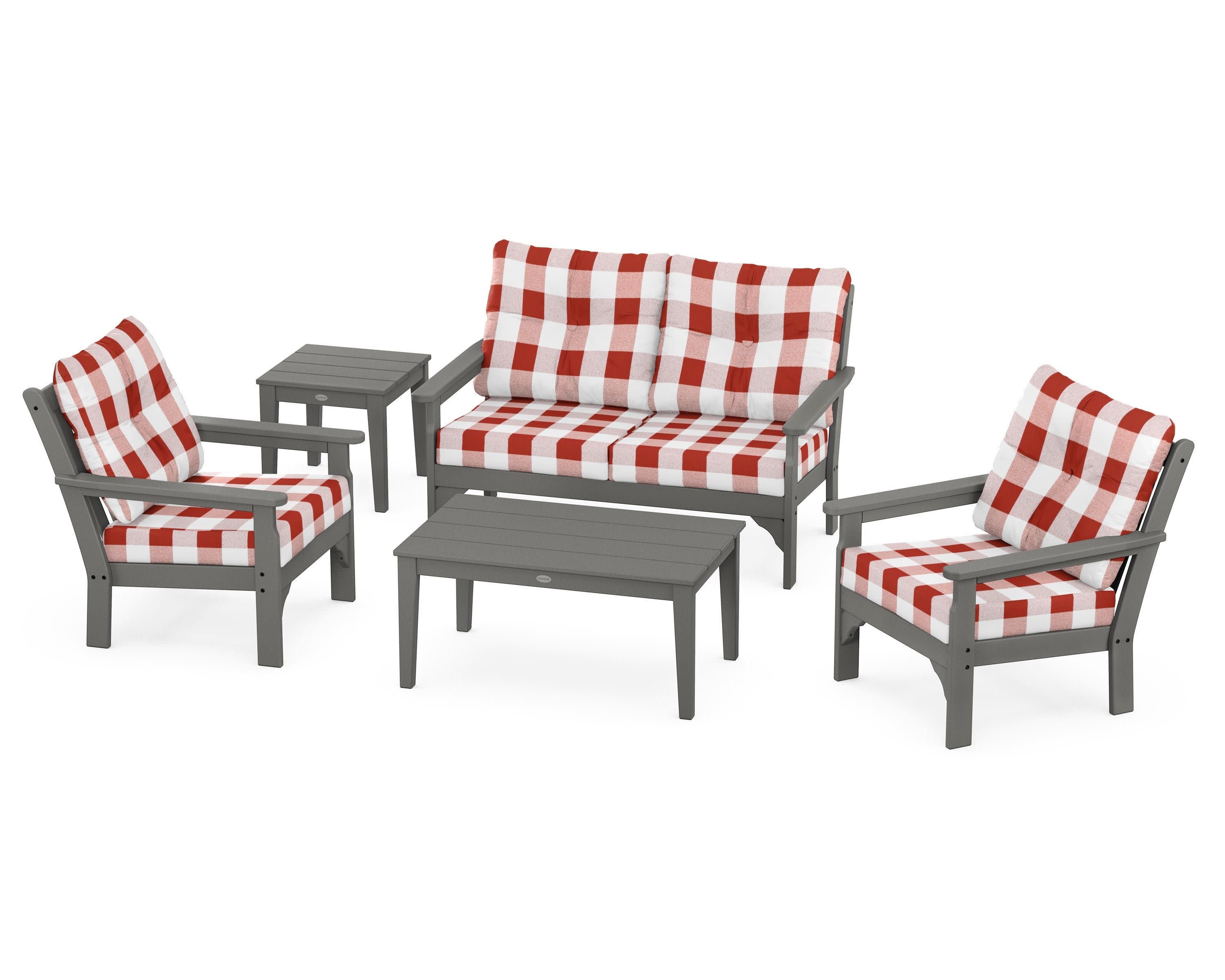 Vineyard 5-Piece Deep Seating Set in Slate Grey / Buffalo Plaid Crimson