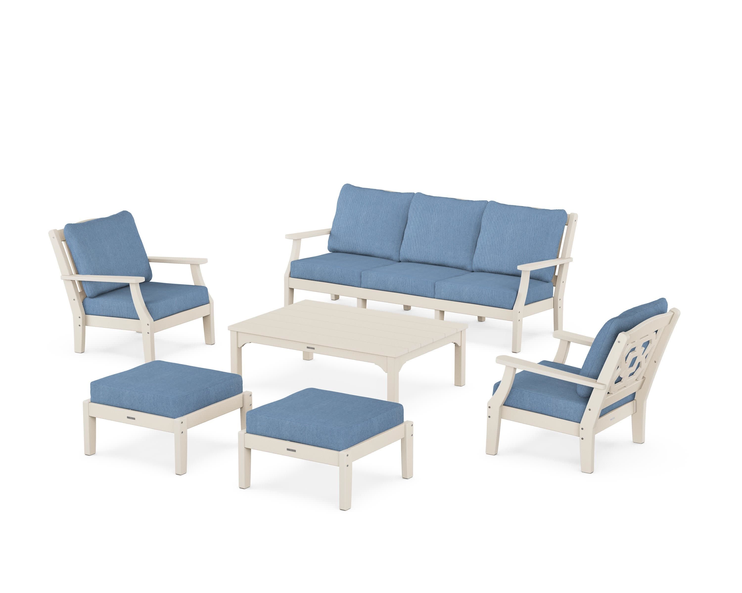Chinoiserie 6-Piece Lounge Sofa Set in Sand / Sky Blue