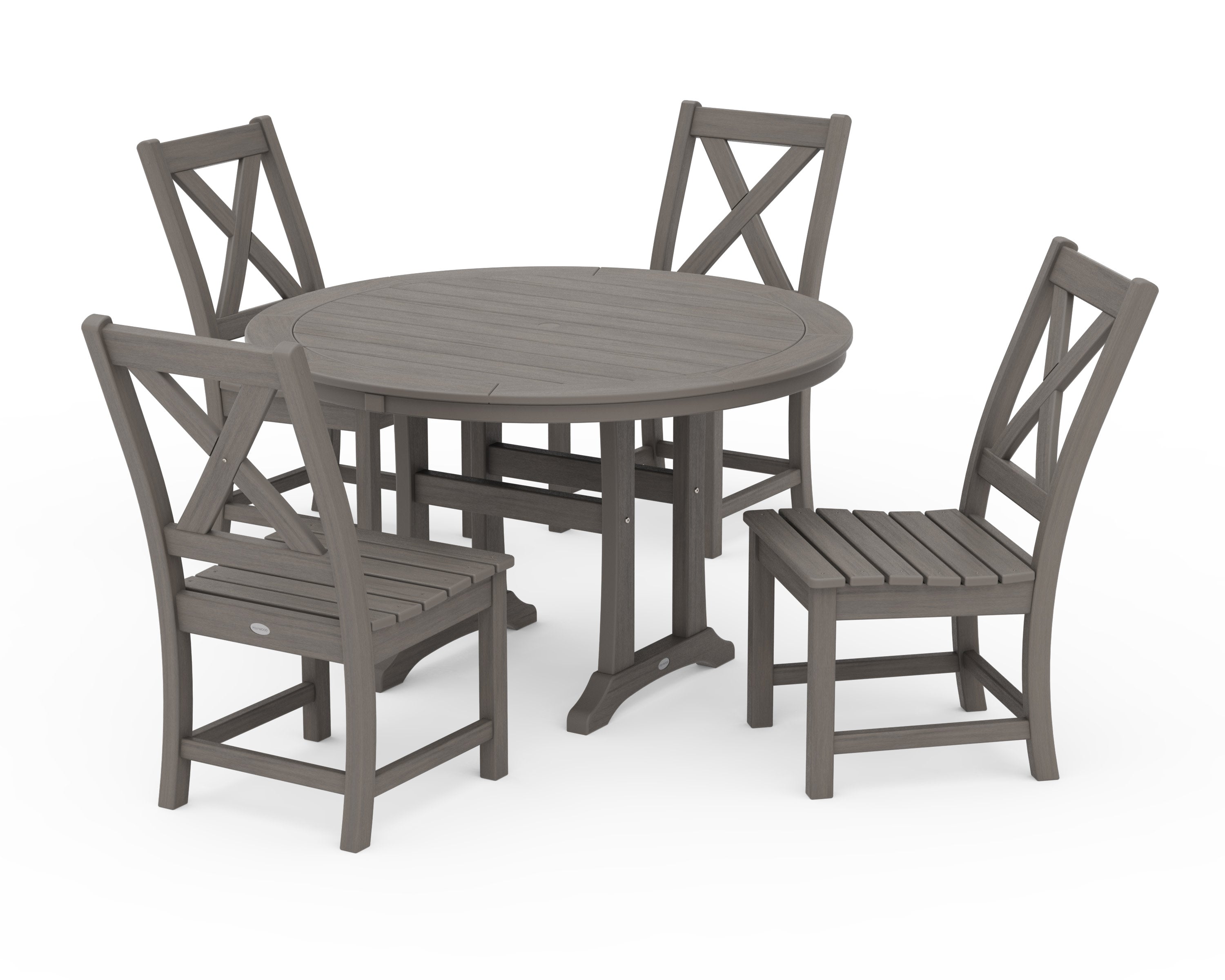 Braxton Side Chair 5-Piece Round Dining Set With Trestle Legs in Driftwood
