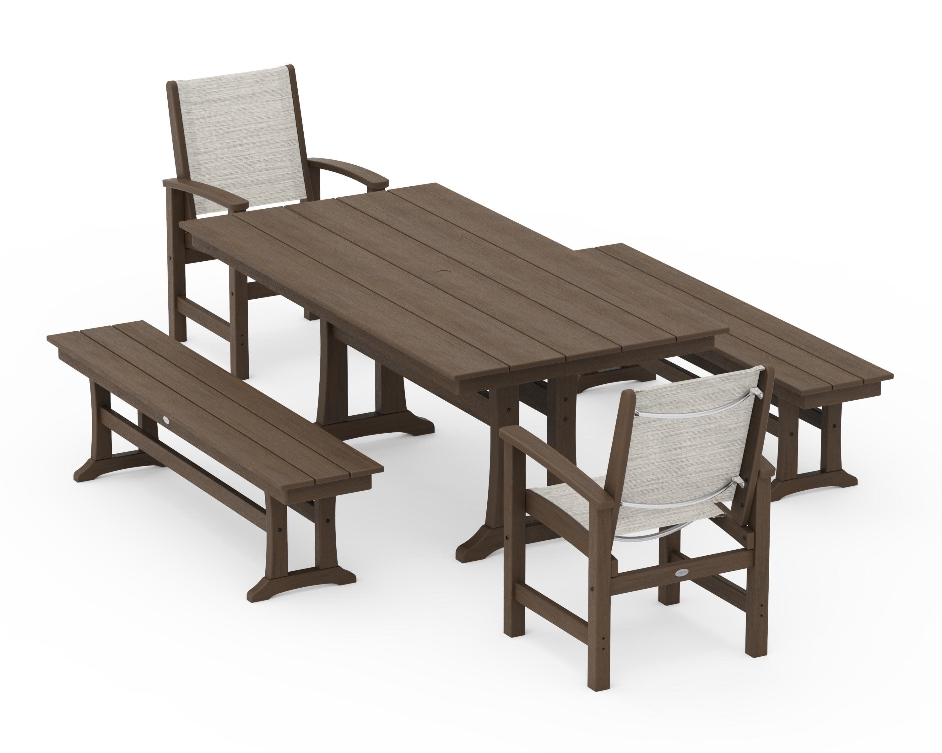 Coastal 5-Piece Farmhouse Dining Set with Trestle Legs and Benches in Kona / Birch Sling