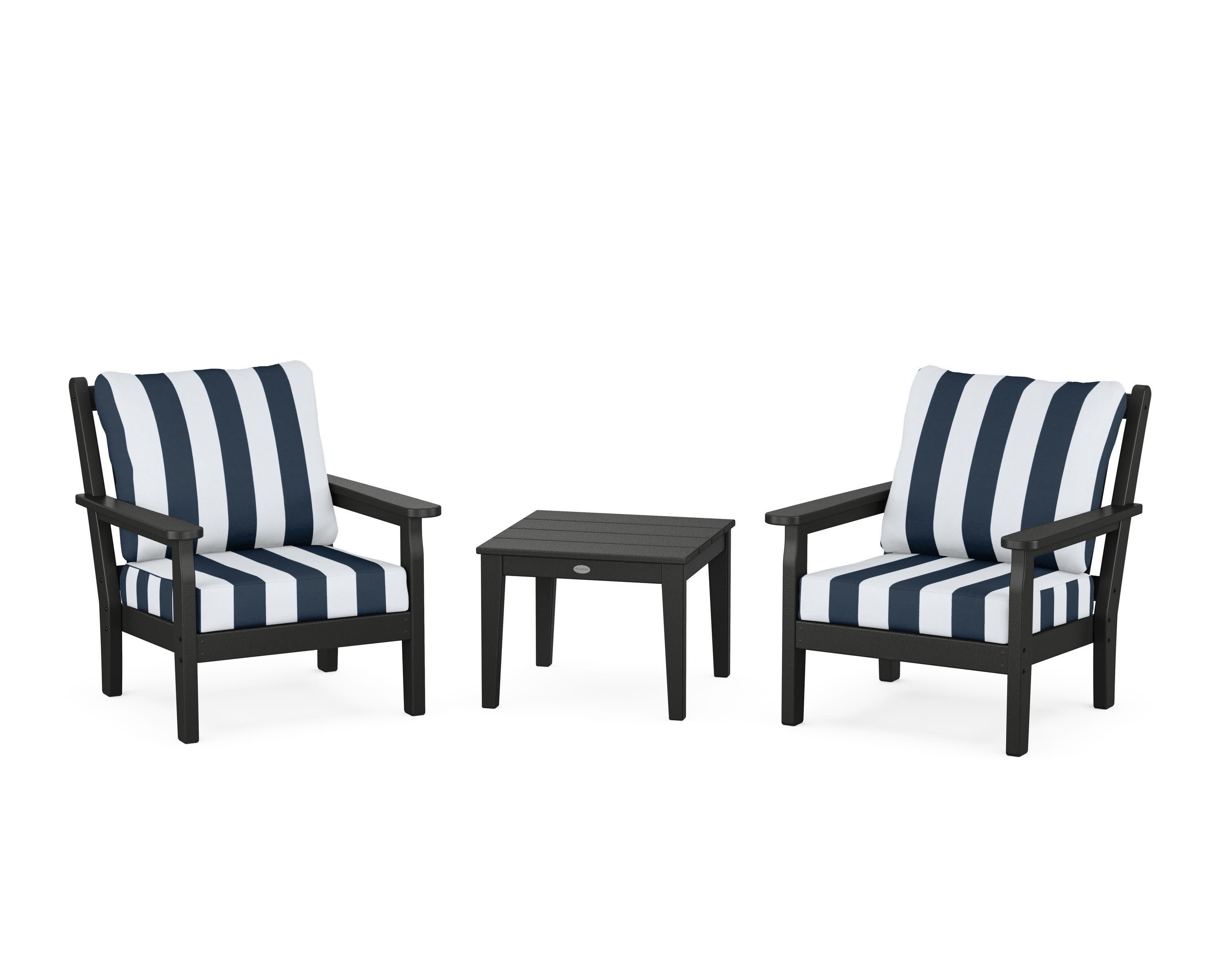 Chippendale 3-Piece Deep Seating Set in Black / Cabana Stripe Marine Indigo