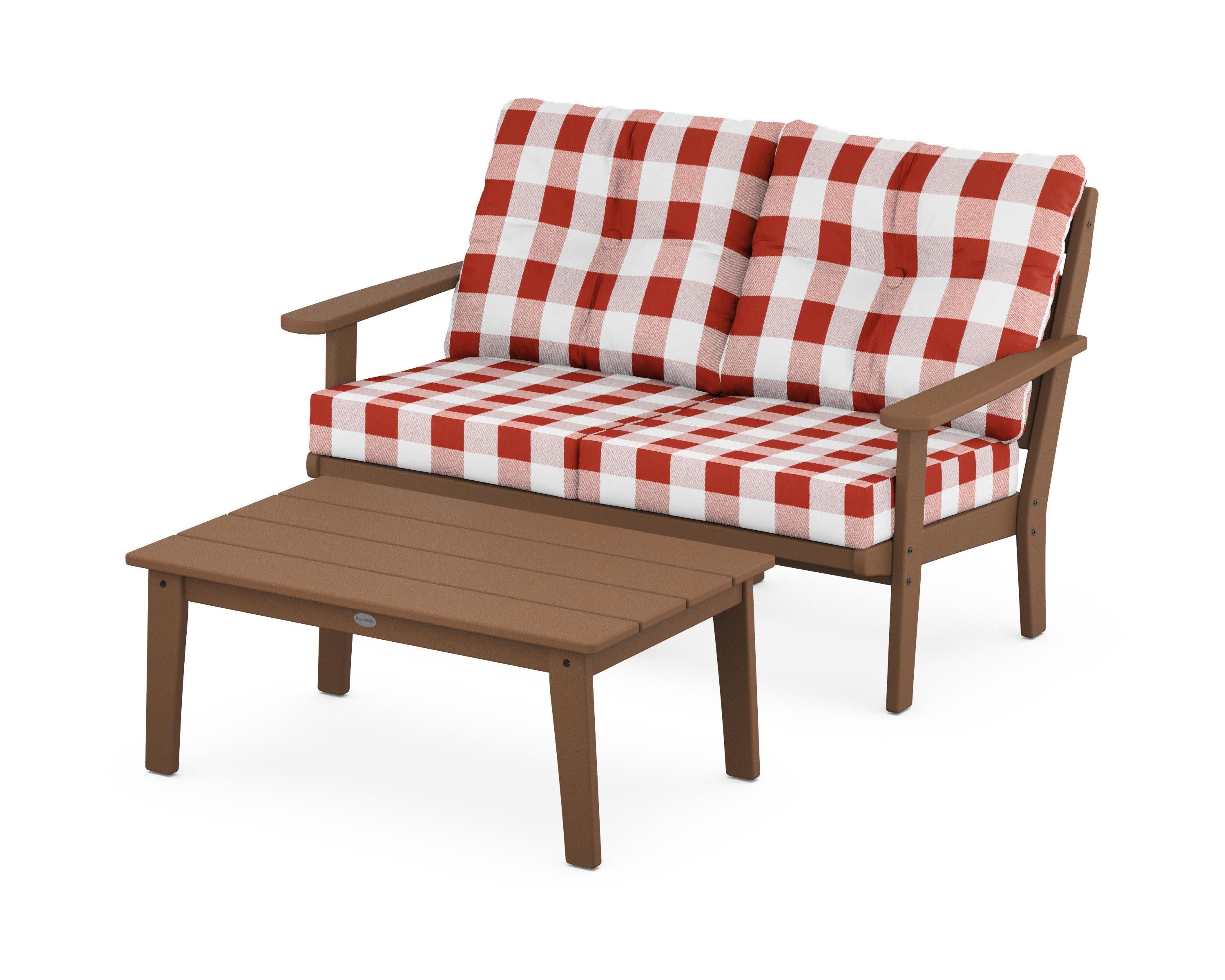 Lakeside 2-Piece Lounge Loveseat Set in Teak / Buffalo Plaid Crimson