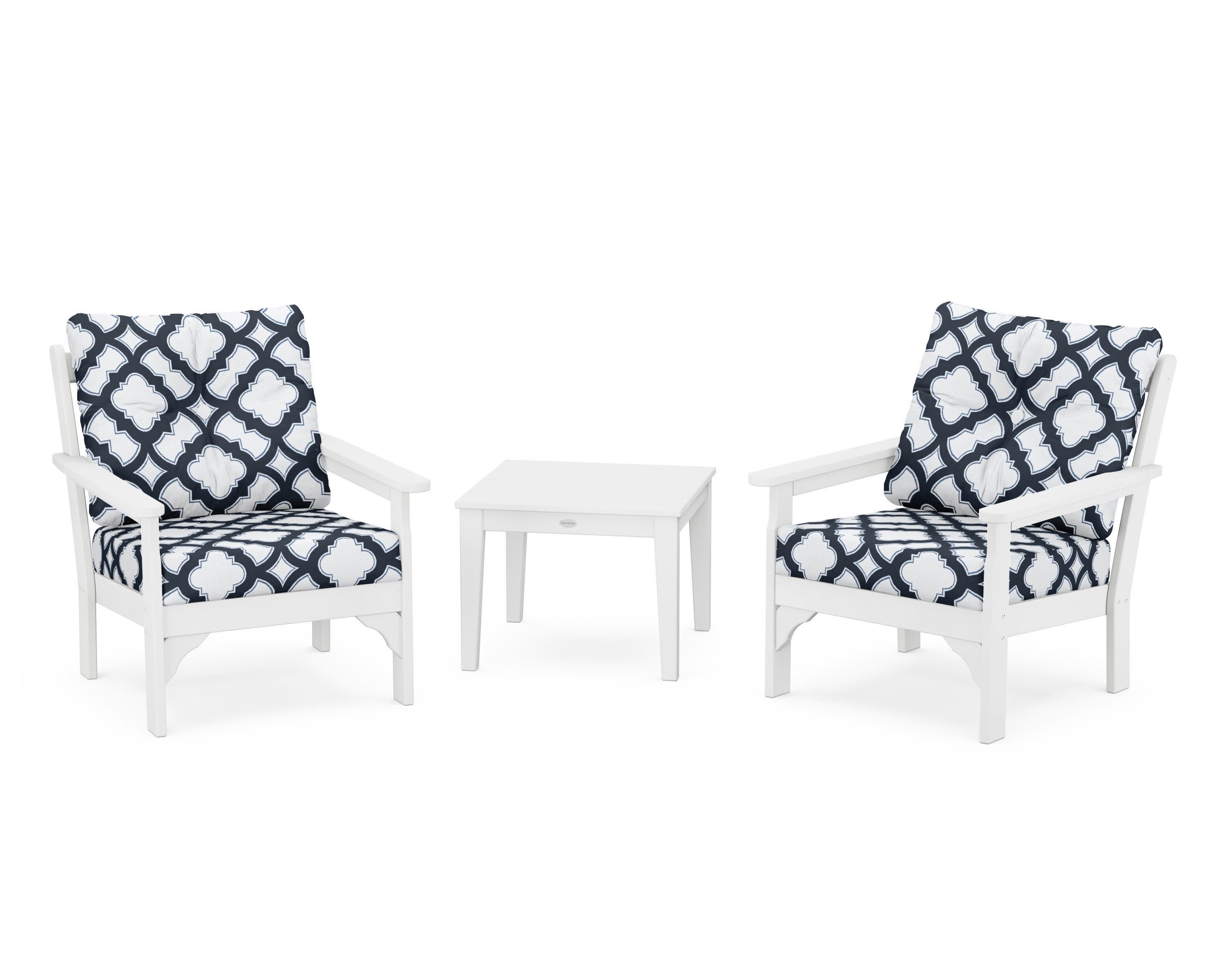 Vineyard 3-Piece Deep Seating Set in White / Trellis Marine Indigo
