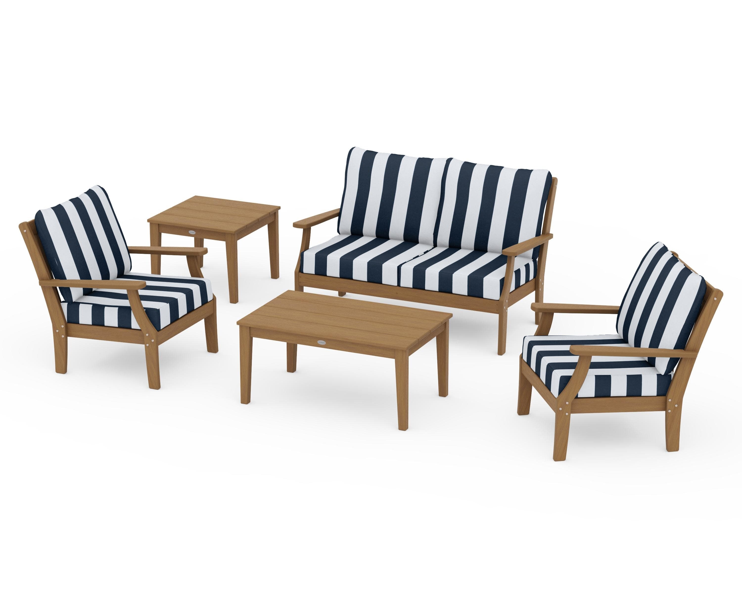 Braxton 5-Piece Deep Seating Set in Natural / Cabana Stripe Marine Indigo