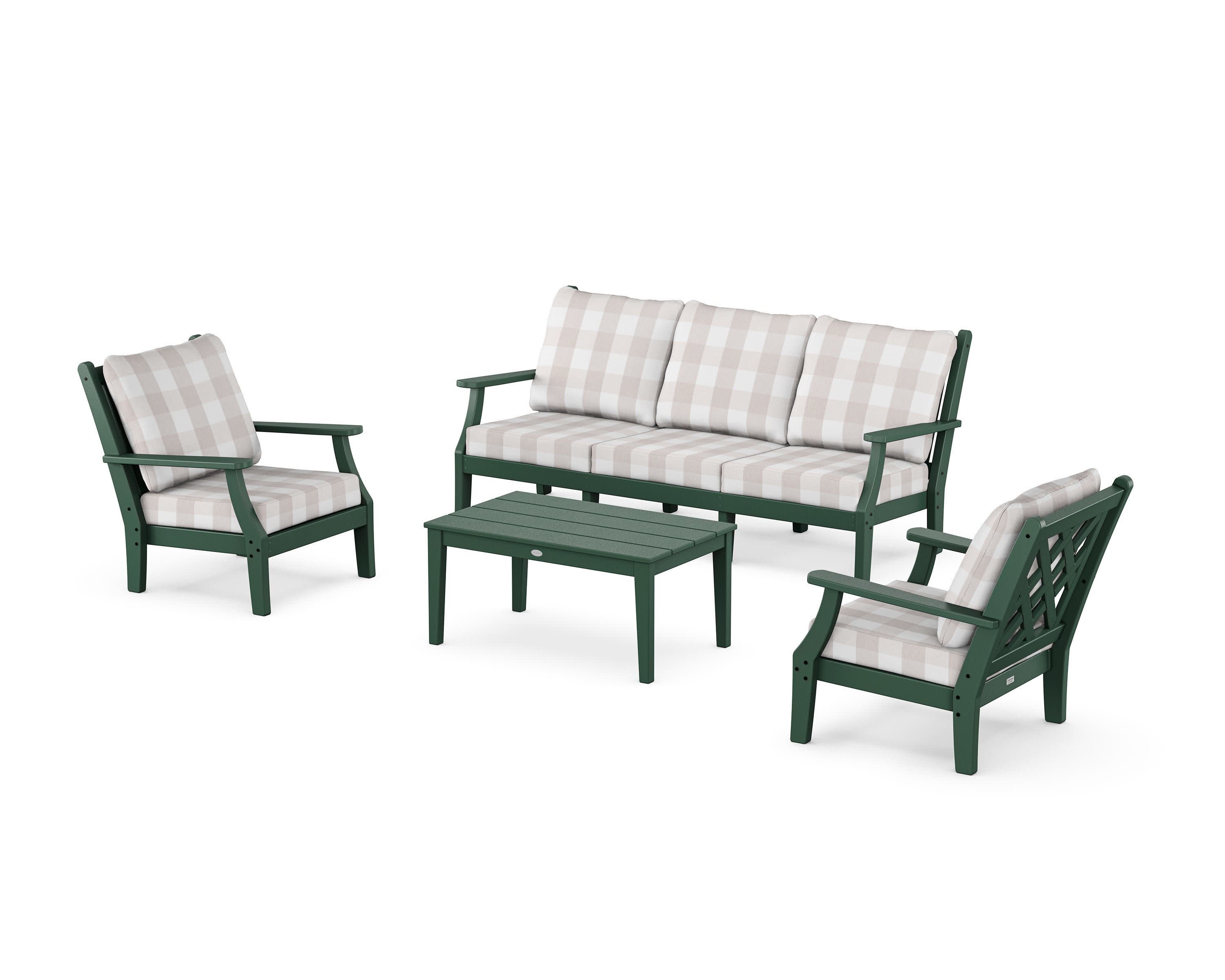 Wovendale 4-Piece Deep Seating Set with Sofa in Green / Buffalo Plaid Dune Burlap