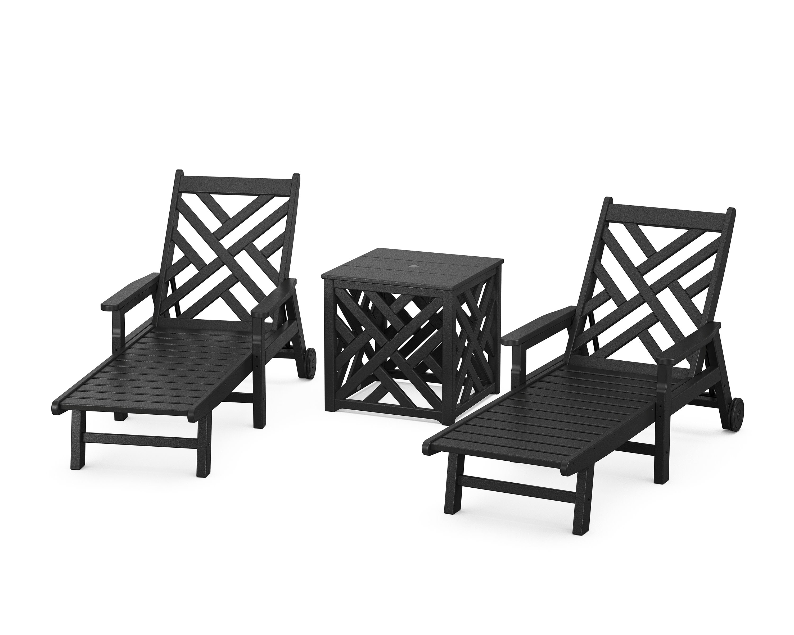 Chippendale 3-Piece Chaise Set with Umbrella Stand Accent Table in Black