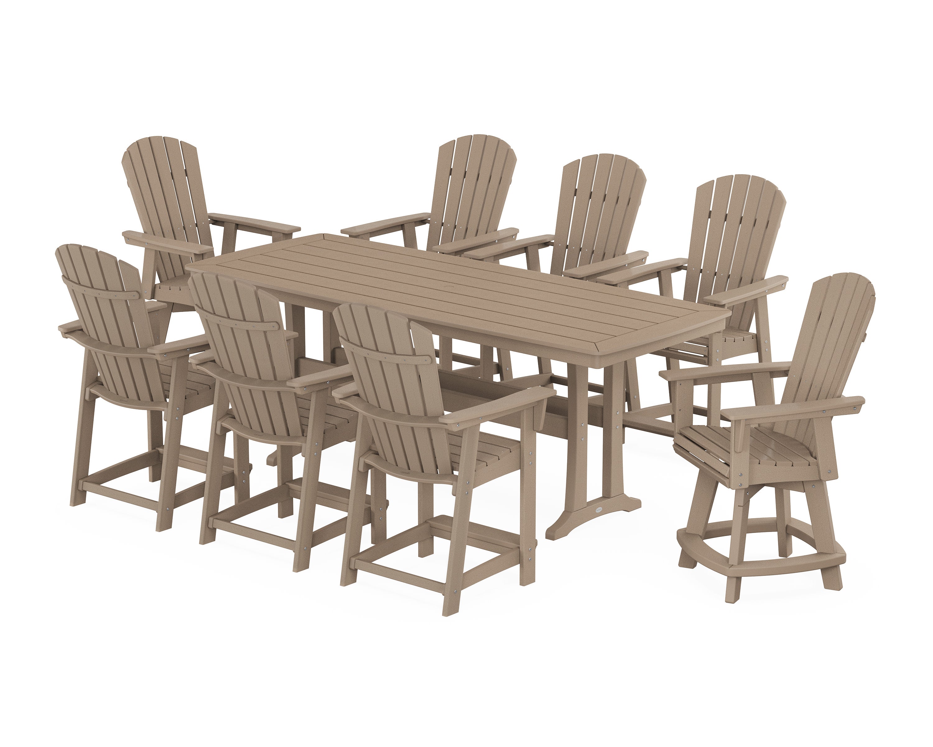 Nautical Curveback Adirondack Swivel 9-Piece Counter Set with Trestle Legs in Vintage Sahara