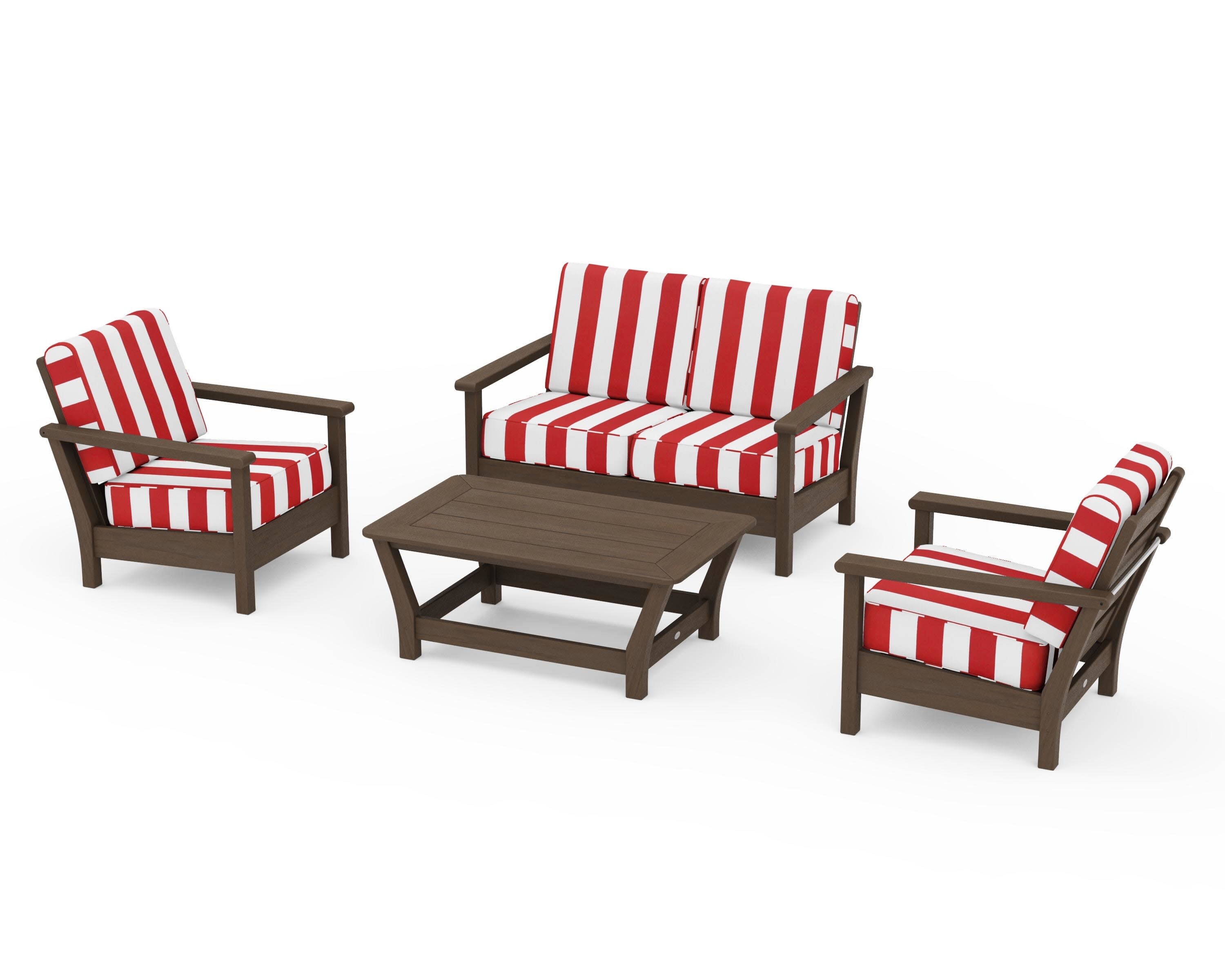 Harbour 4-Piece Deep Seating Set in Kona / Cabana Stripe Crimson