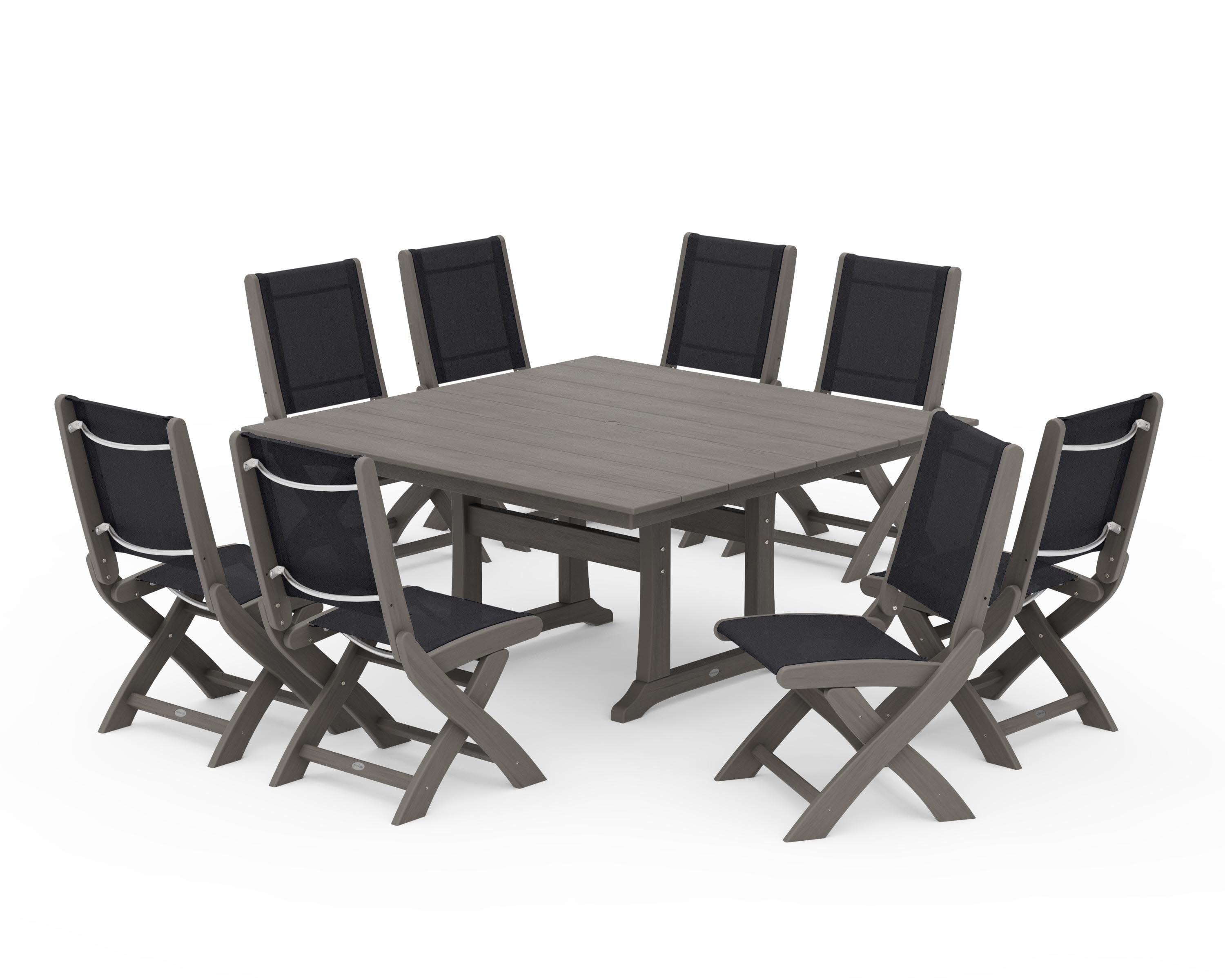 Coastal Folding Side Chair 9-Piece Farmhouse Dining Set in Driftwood / Black Sling