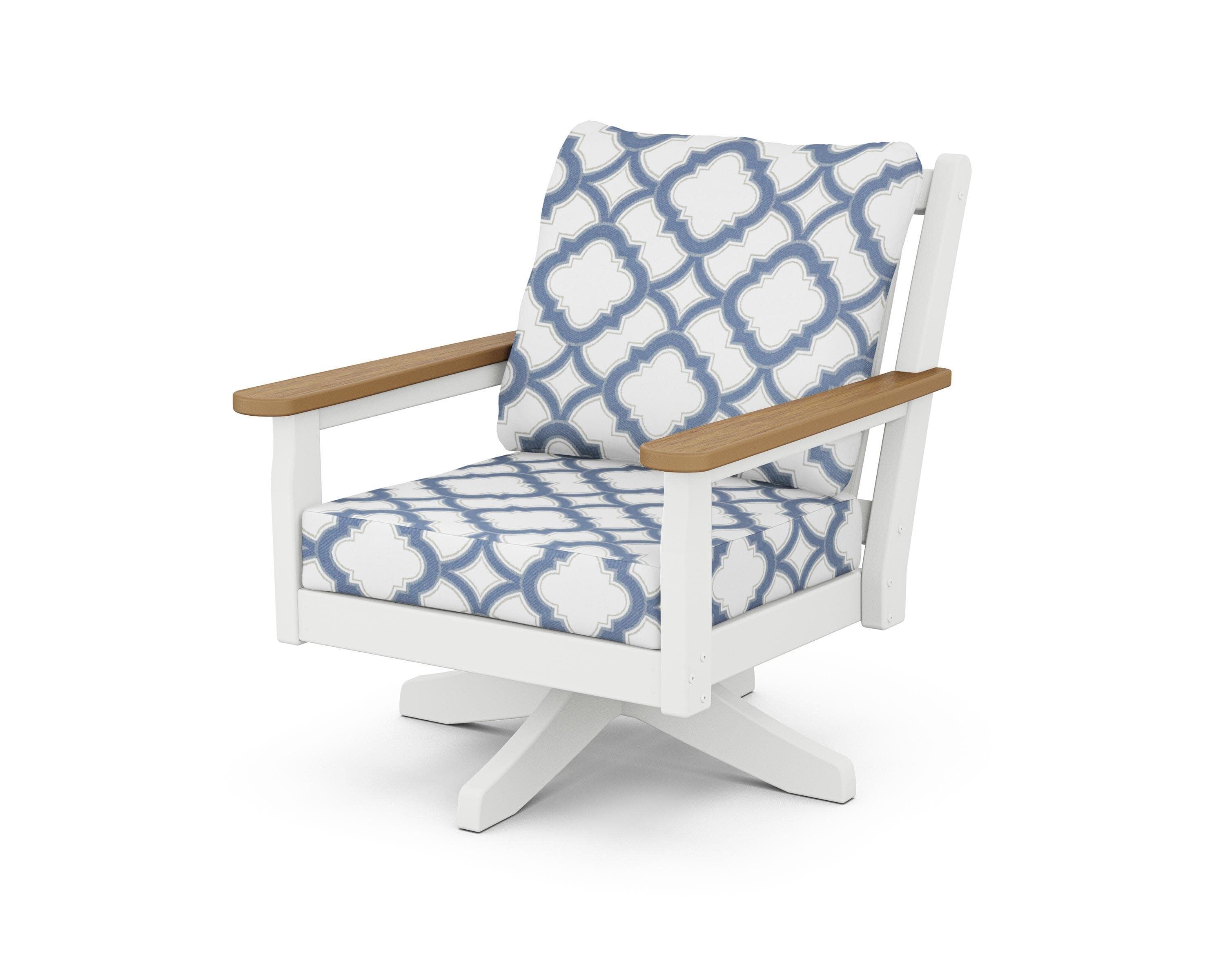 Chippendale Deep Seating Swivel Chair in White / Natural / Trellis Sky Blue