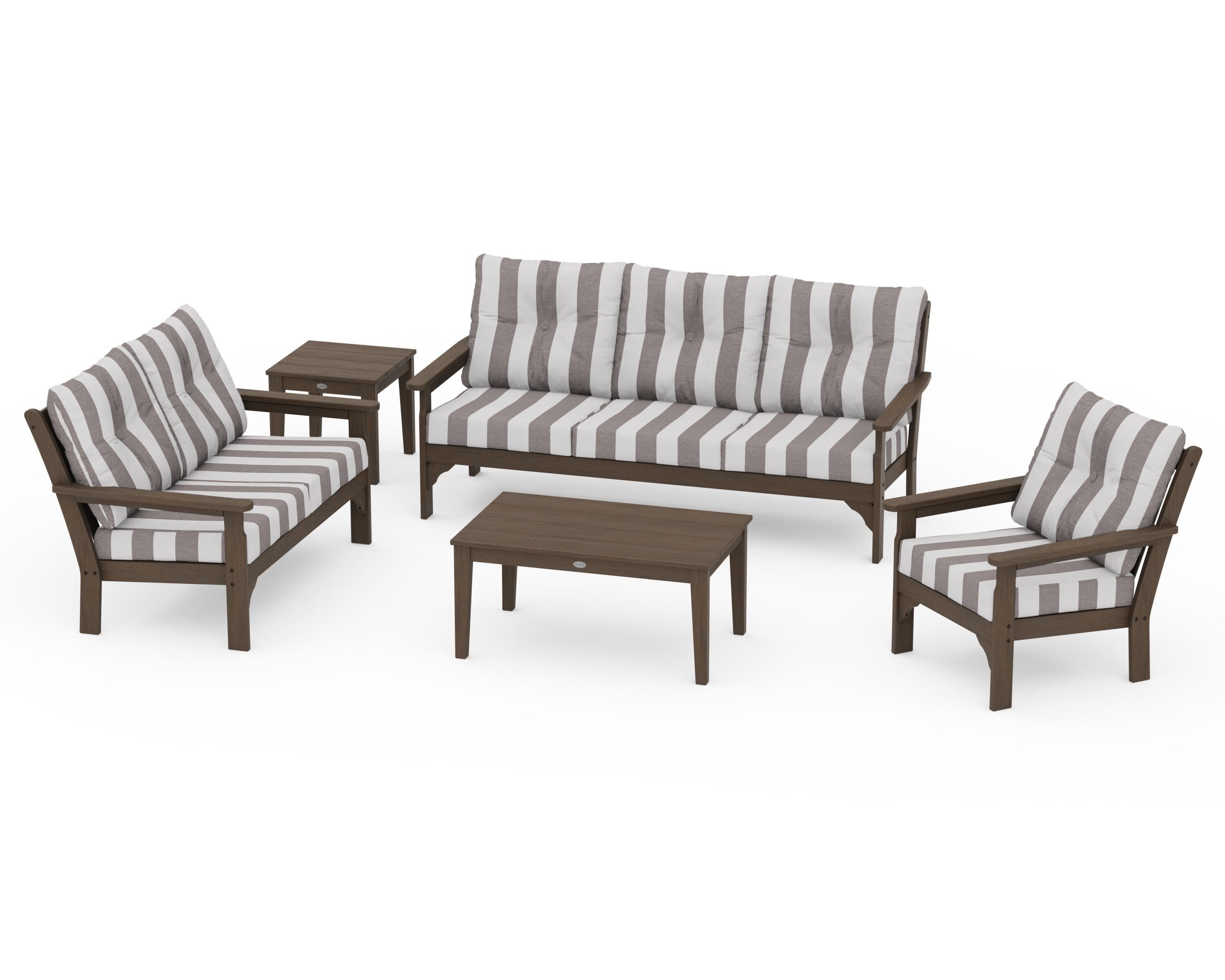 Vineyard 5 Piece Deep Seating Set in Kona / Cabana Stripe Grey Mist
